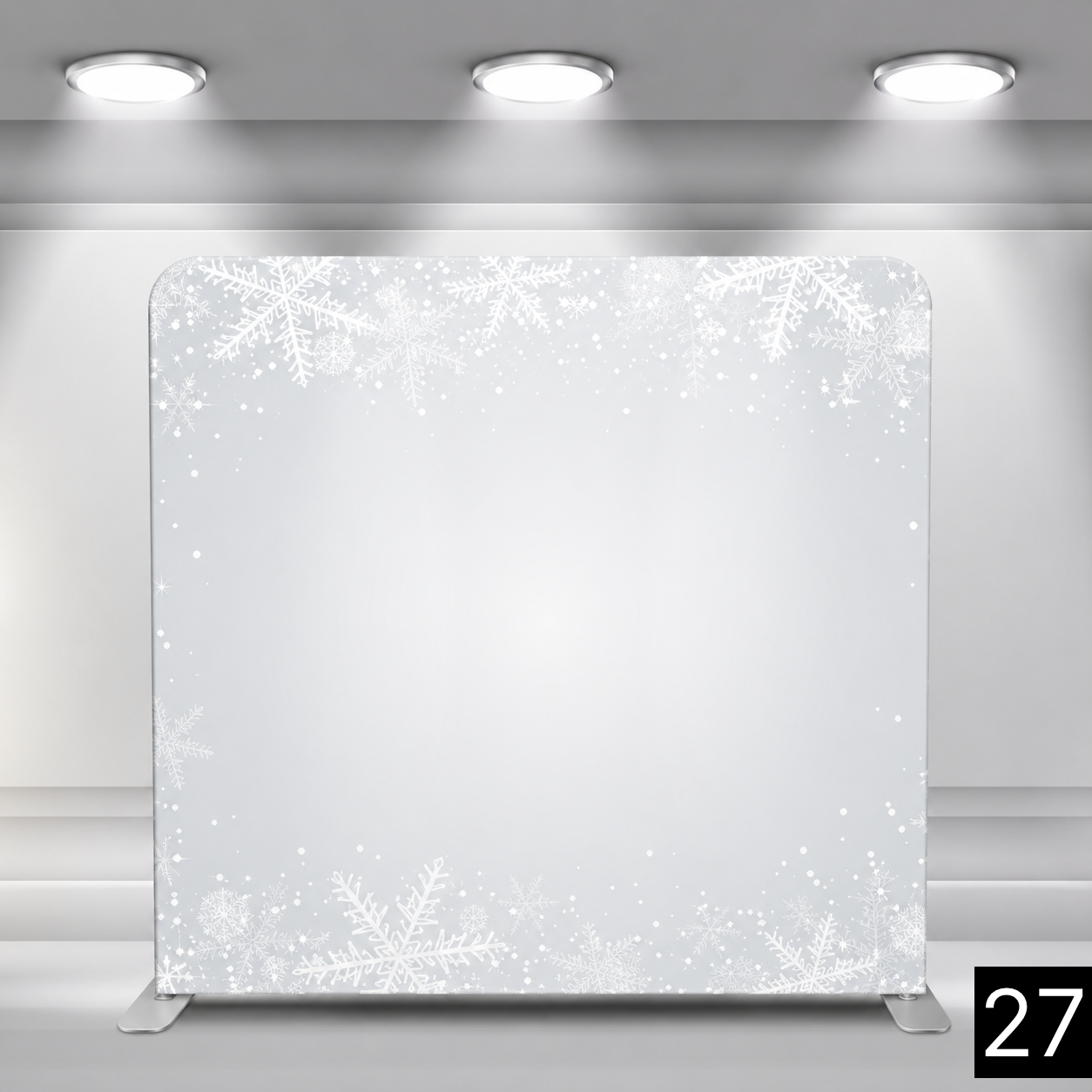 Bright white backdrop with a decorative border of white snowflakes and falling snow concentrated along the top and bottom edges. Clean and wintry. Great for holiday parties and winter weddings