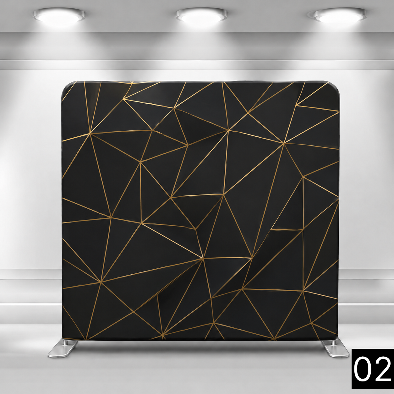 Dark, dramatic version of the geometric triangle pattern with gold lines on a deep black background. Perfect for upscale events, galas, and New Year's Eve parties