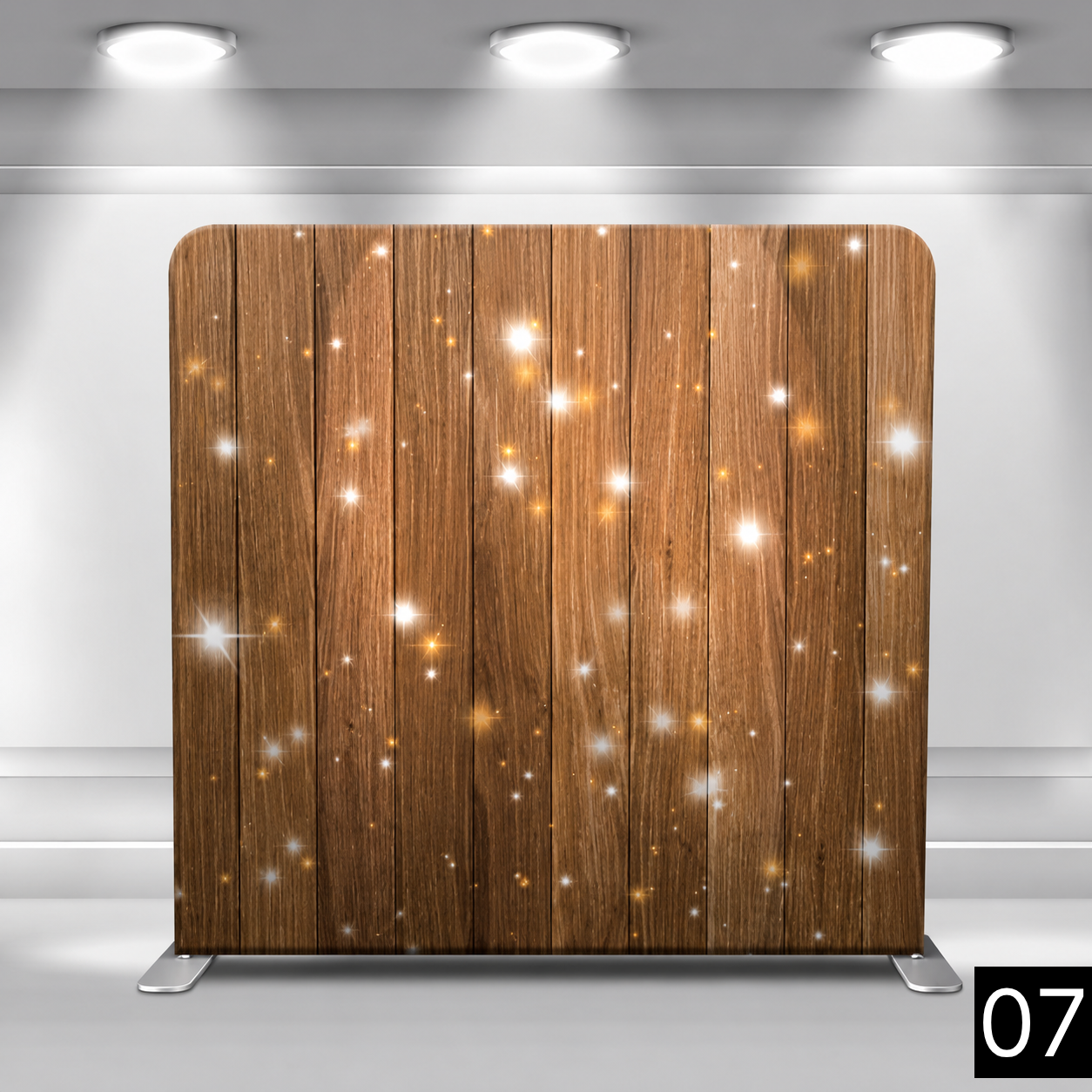 Warm brown vertical wood plank backdrop overlaid with glowing white and gold sparkle effects. Great for rustic weddings, country themes, and fall events