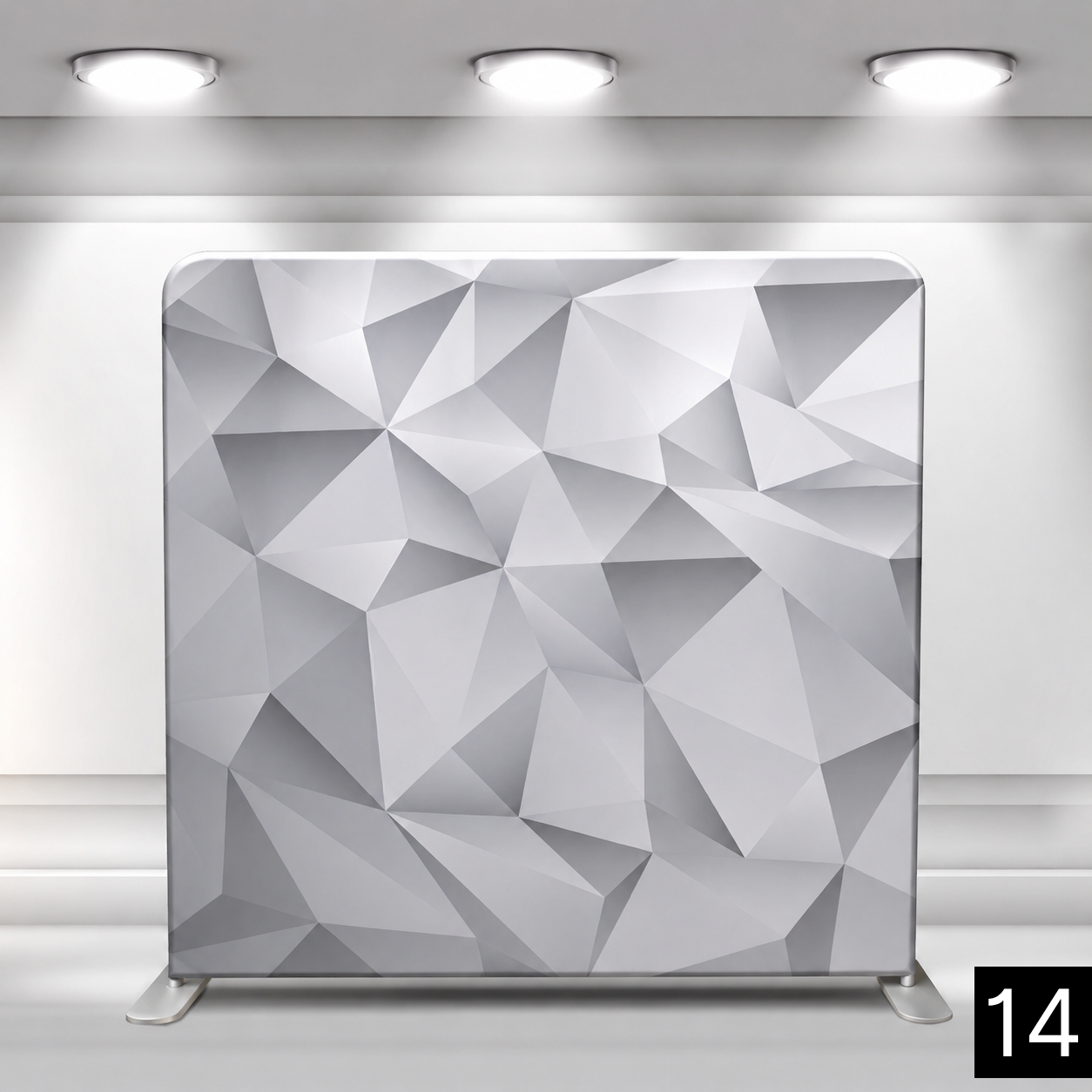 White and gray backdrop with a 3D low-poly geometric faceted diamond effect. Modern and striking. Great for corporate events, tech-themed parties, and upscale gatherings