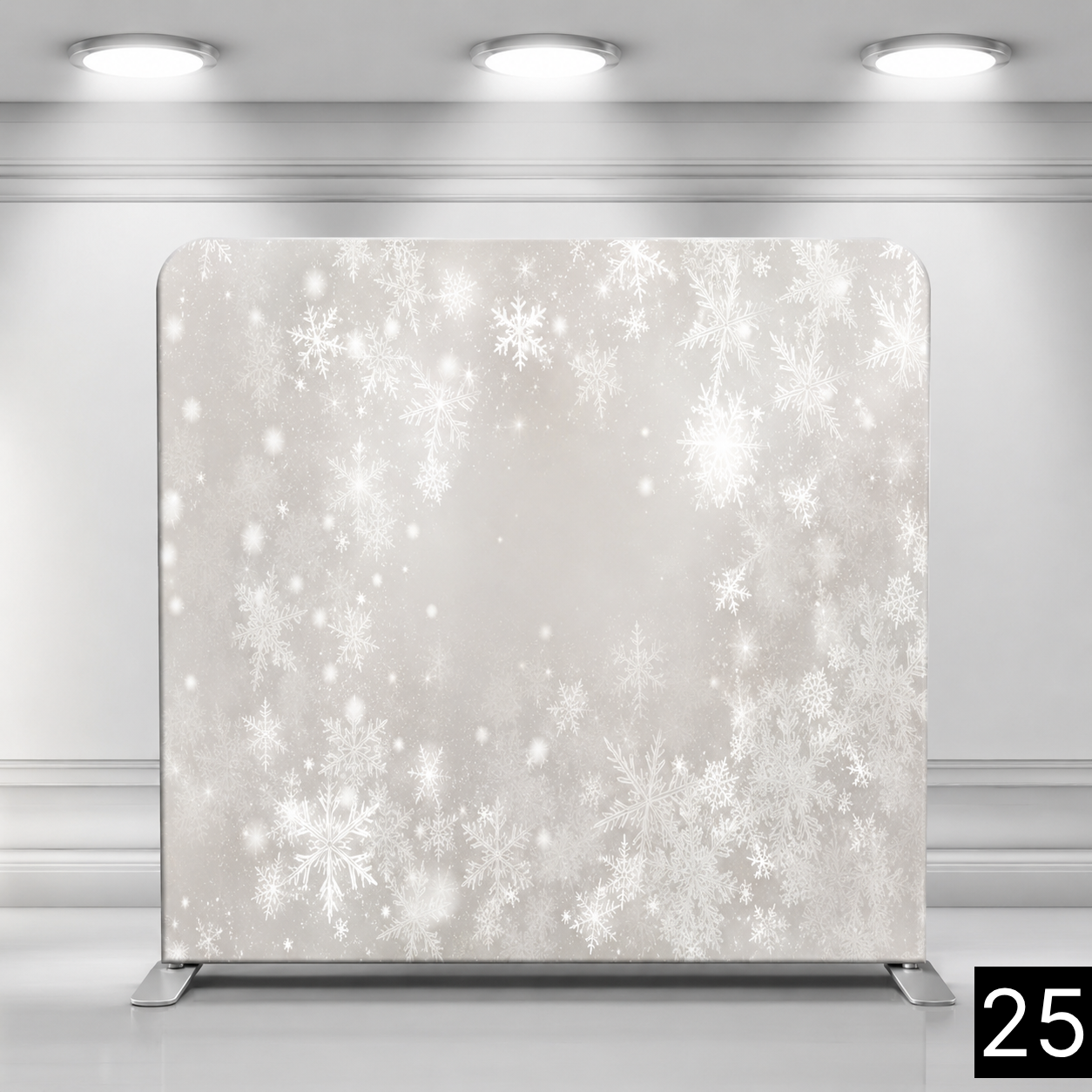 Warm off-white/silver backdrop with softly falling white snowflakes in various sizes. Subtle and elegant. Great for winter weddings, holiday parties, and Christmas events