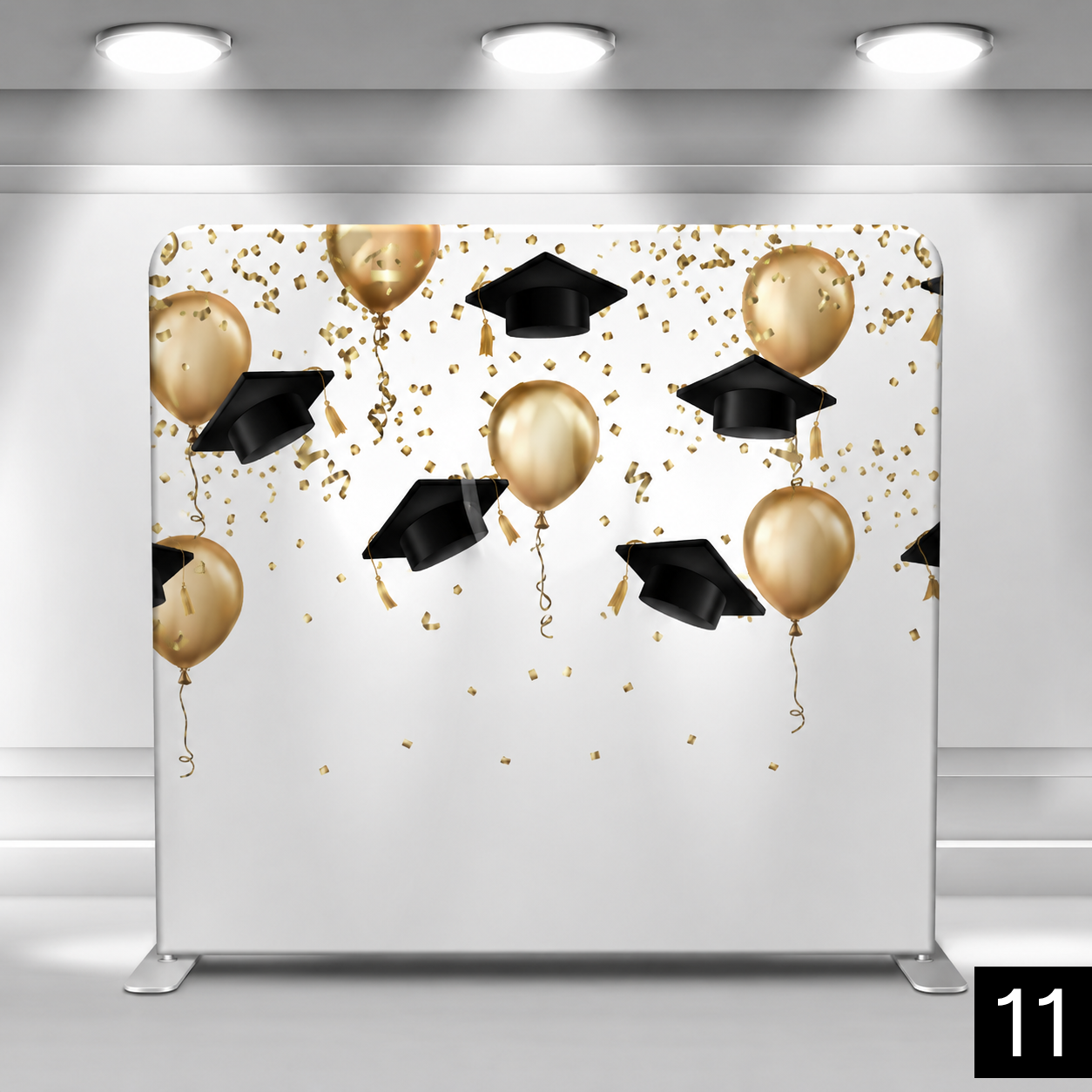 White backdrop with floating black graduation caps, gold balloons, and gold confetti. Purpose-built for graduation celebrations of all ages