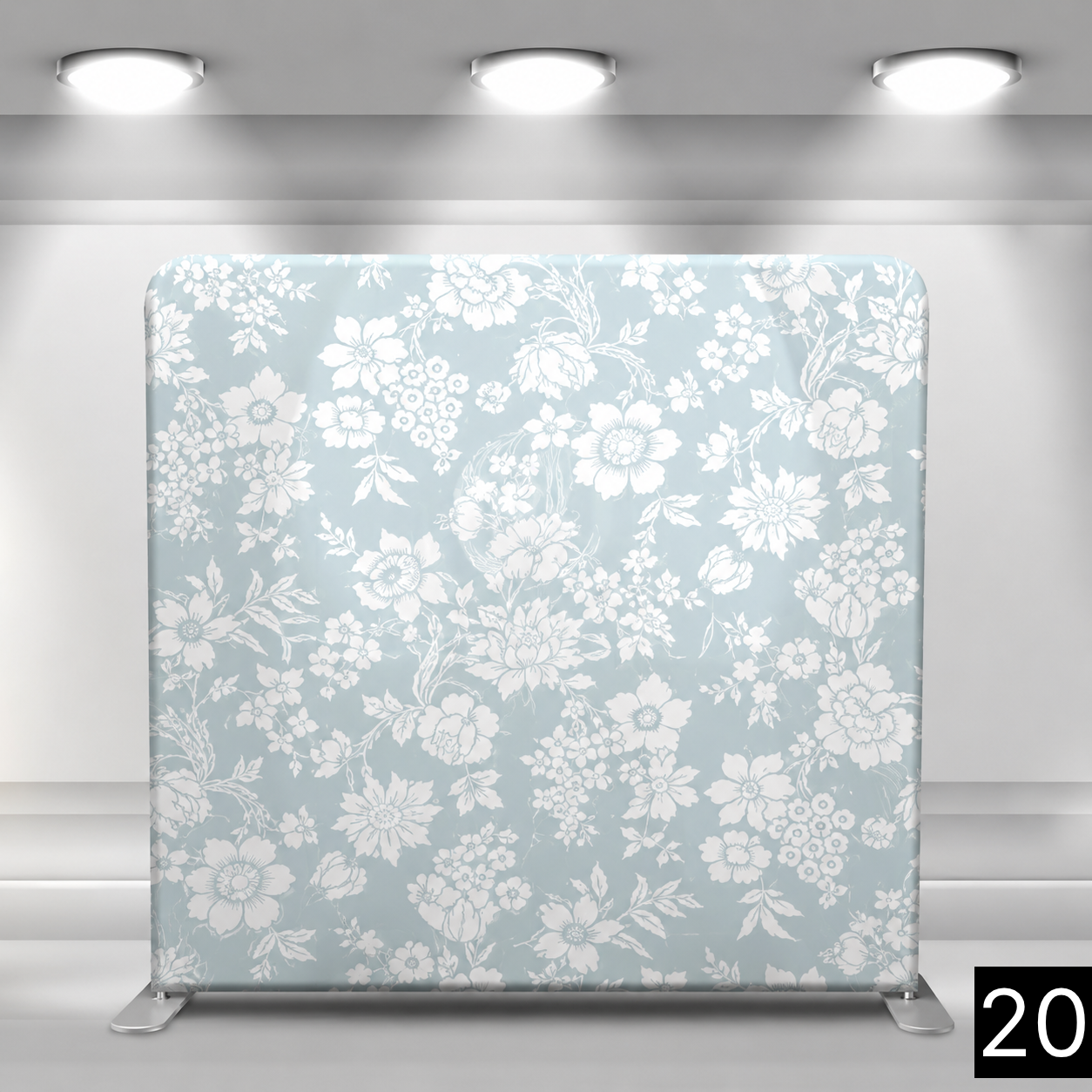 Soft blue backdrop with an all-over white floral silhouette pattern featuring roses, daisies, and botanical leaves. Elegant and garden-inspired. Perfect for weddings, bridal showers, and garden parties