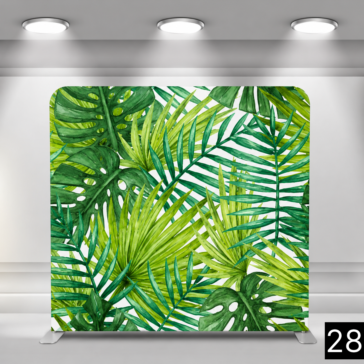 Vibrant watercolor-style backdrop filled edge-to-edge with monstera leaves, palm fronds, and tropical foliage. Bold and lush. Perfect for tropical-themed parties, summer events, and luaus