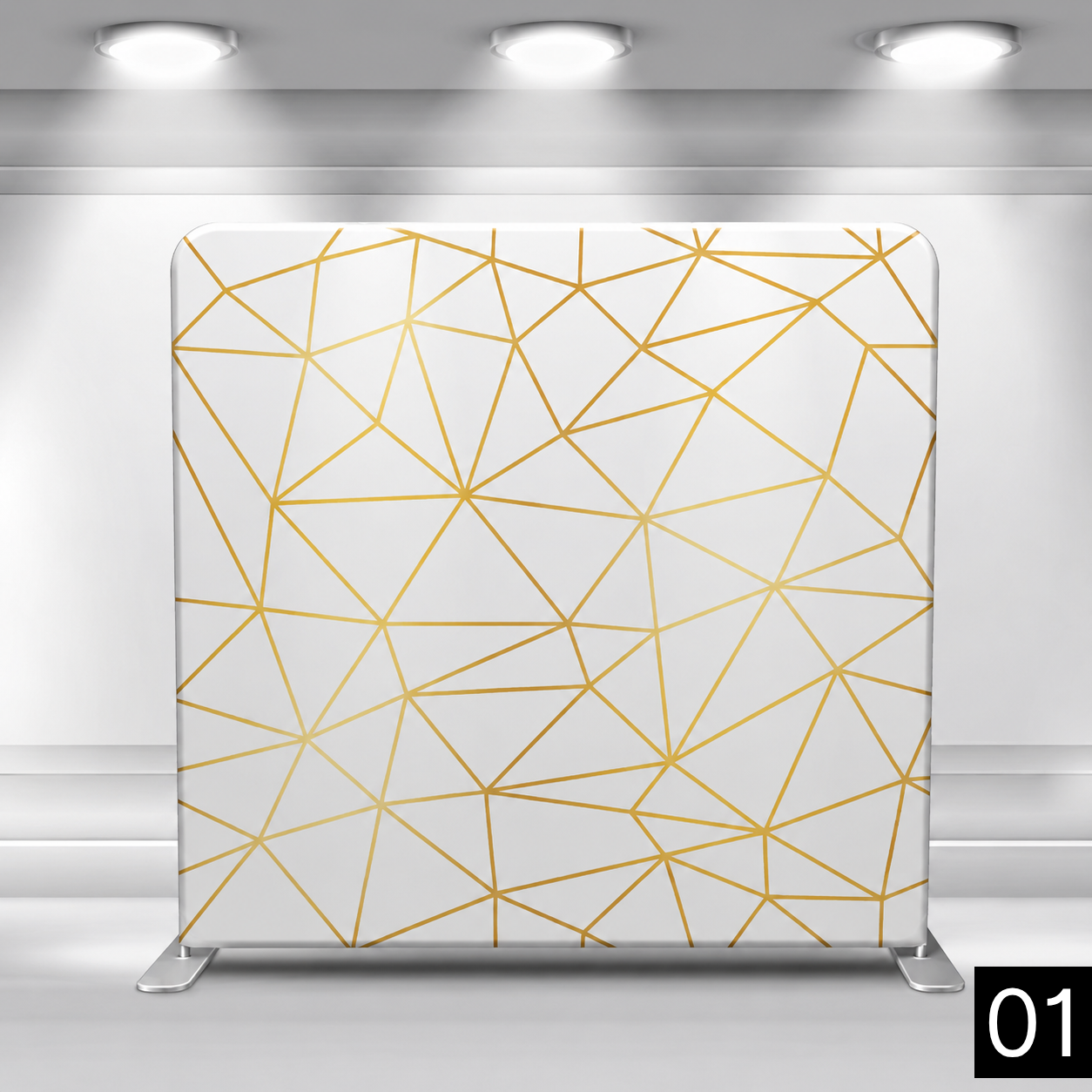 White backdrop featuring an abstract pattern of intersecting gold lines forming irregular triangles. Elegant and modern. Ideal for weddings, corporate events, and milestone celebrations