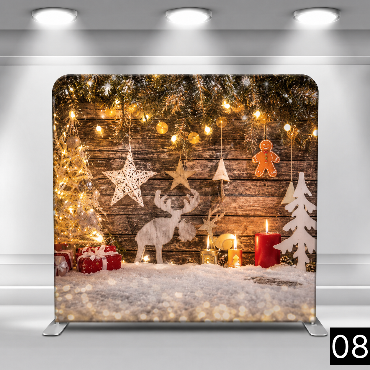 Full holiday scene featuring a rustic wood wall with string lights, pine branches, ornaments, a reindeer, gifts, candles, and a gingerbread man. Perfect for Christmas parties and holiday events