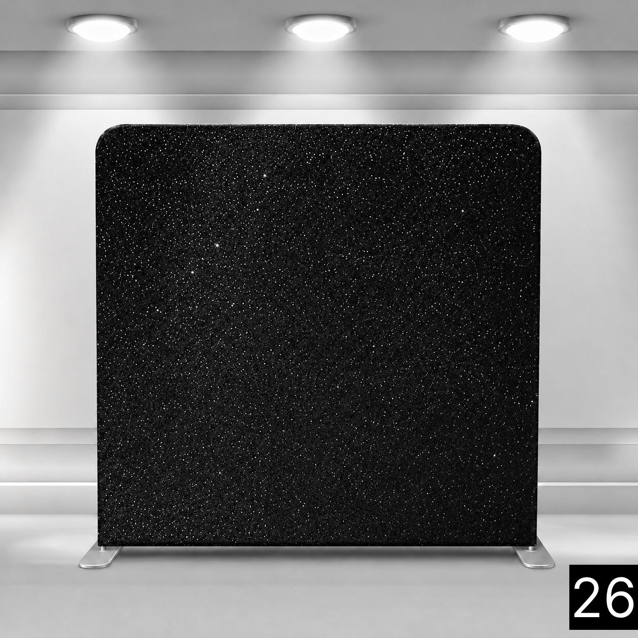 Deep black backdrop with scattered silver and white stars of varying sizes, creating a night sky effect. Dramatic and celestial. Perfect for New Year's Eve, galas, milestone birthdays, and space or galaxy-themed events