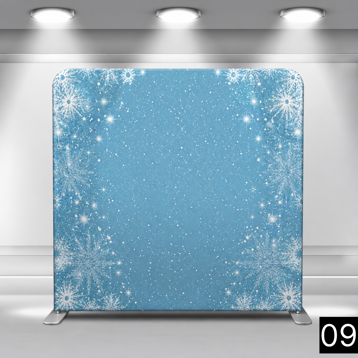 Soft blue backdrop with a decorative border of large white snowflakes in the corners and scattered glitter stars throughout. Ideal for winter events, holiday parties, and Frozen-themed celebrations