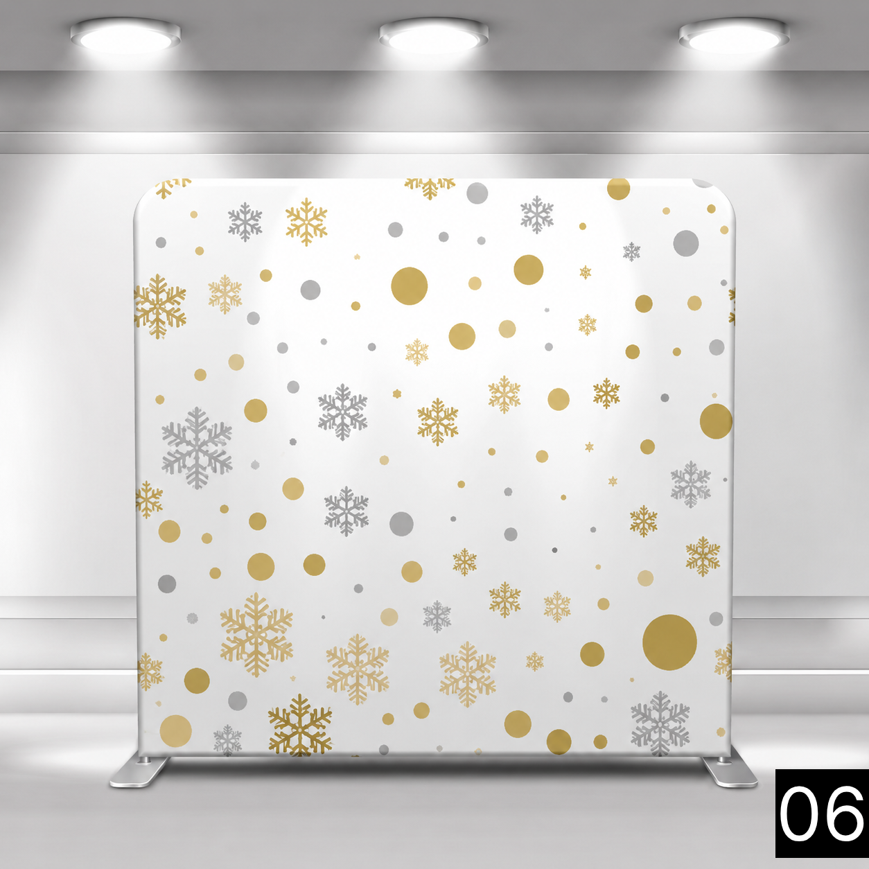 White backdrop scattered with gold and silver snowflakes and polka dots in varying sizes. Festive and whimsical. Perfect for holiday parties and winter events
