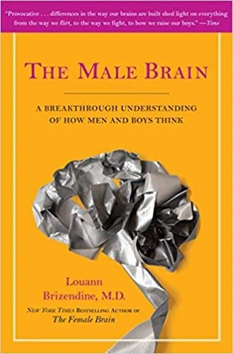 Cover of the book 'The Male Brain' by Louann Brizendine, featuring a twisted metallic brain sculpture on an orange background.