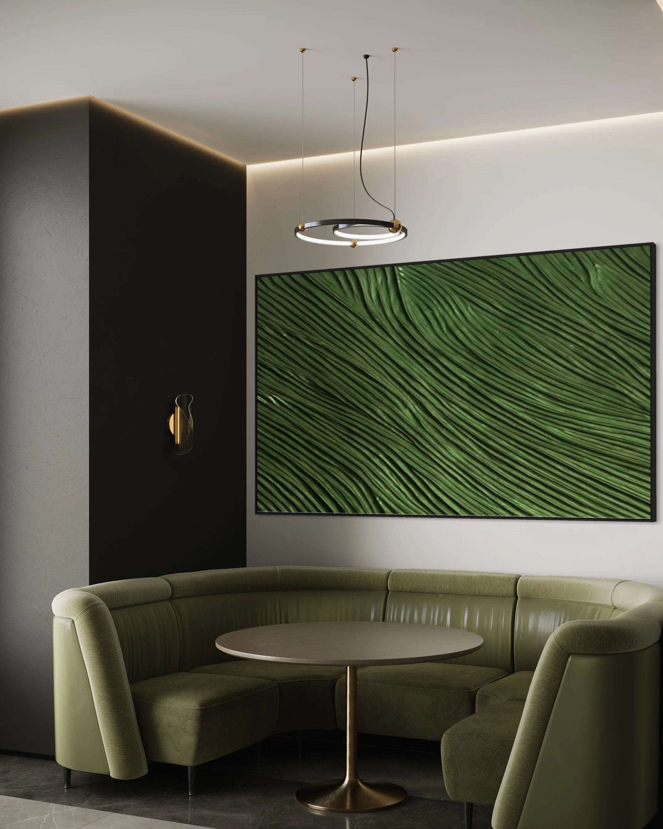Modern interior with green sectional sofa, round table, abstract green artwork, and pendant light.