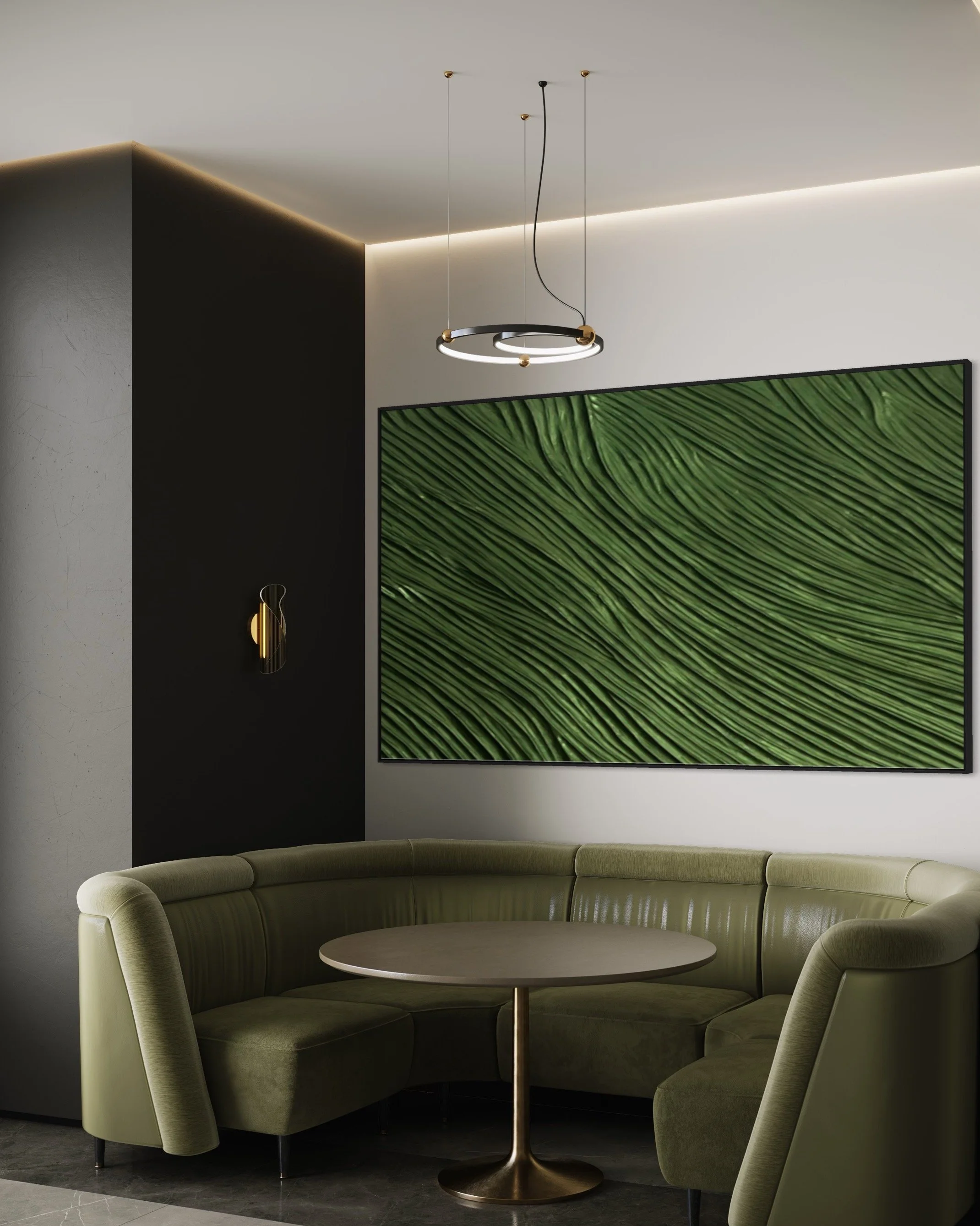 Modern interior with green sectional sofa, round table, abstract green artwork, and pendant light.