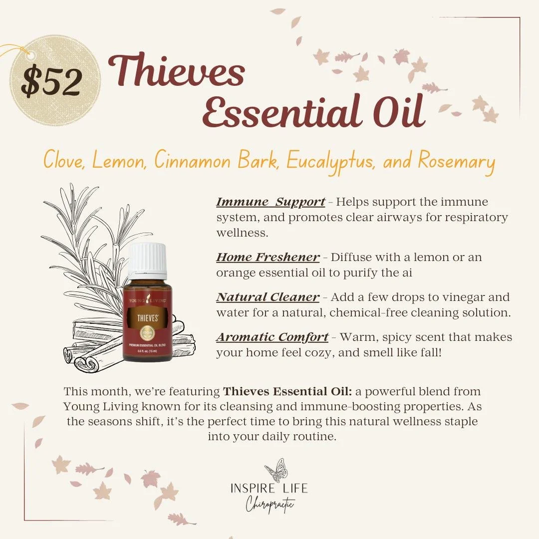 Stay cozy and healthy this season with Thieves Essential Oil 🍂
Made with clove, lemon, cinnamon bark, eucalyptus, and rosemary, this blend supports immunity, freshens the air, and keeps your home naturally clean! 
✨Diffuse it for that warm, spicy