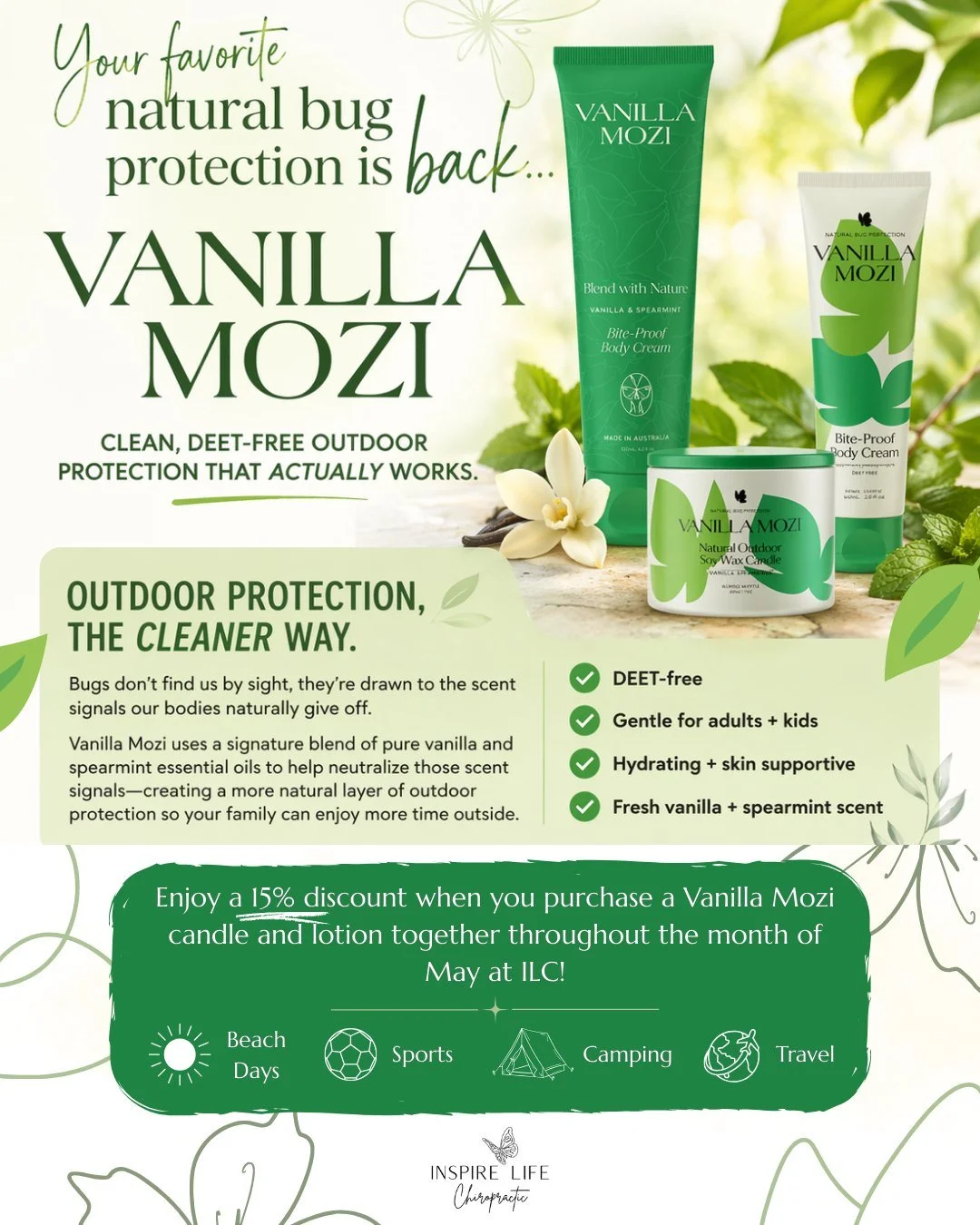 Bug spray season&hellip; but make it cleaner 🌿☀️

Vanilla Mozi is officially back at ILC, and it&rsquo;s one of our favorite ways to support outdoor adventures without the harsh chemicals. 🙌🏻

✨ DEET-free
✨ Gentle for adults + kids
✨ Hydrating and