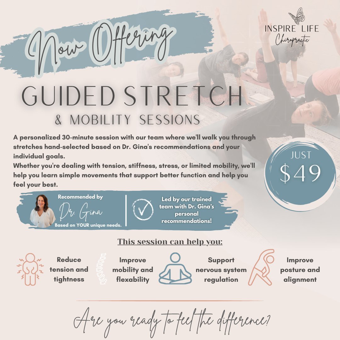 Move better. Feel better. Live better. 🤍

Feeling tight, stiff, or like your body just isn't moving the way it should?

Our Guided Stretch &amp; Mobility Sessions are a personalized 30-minute, one-on-one experience designed to complement your chirop