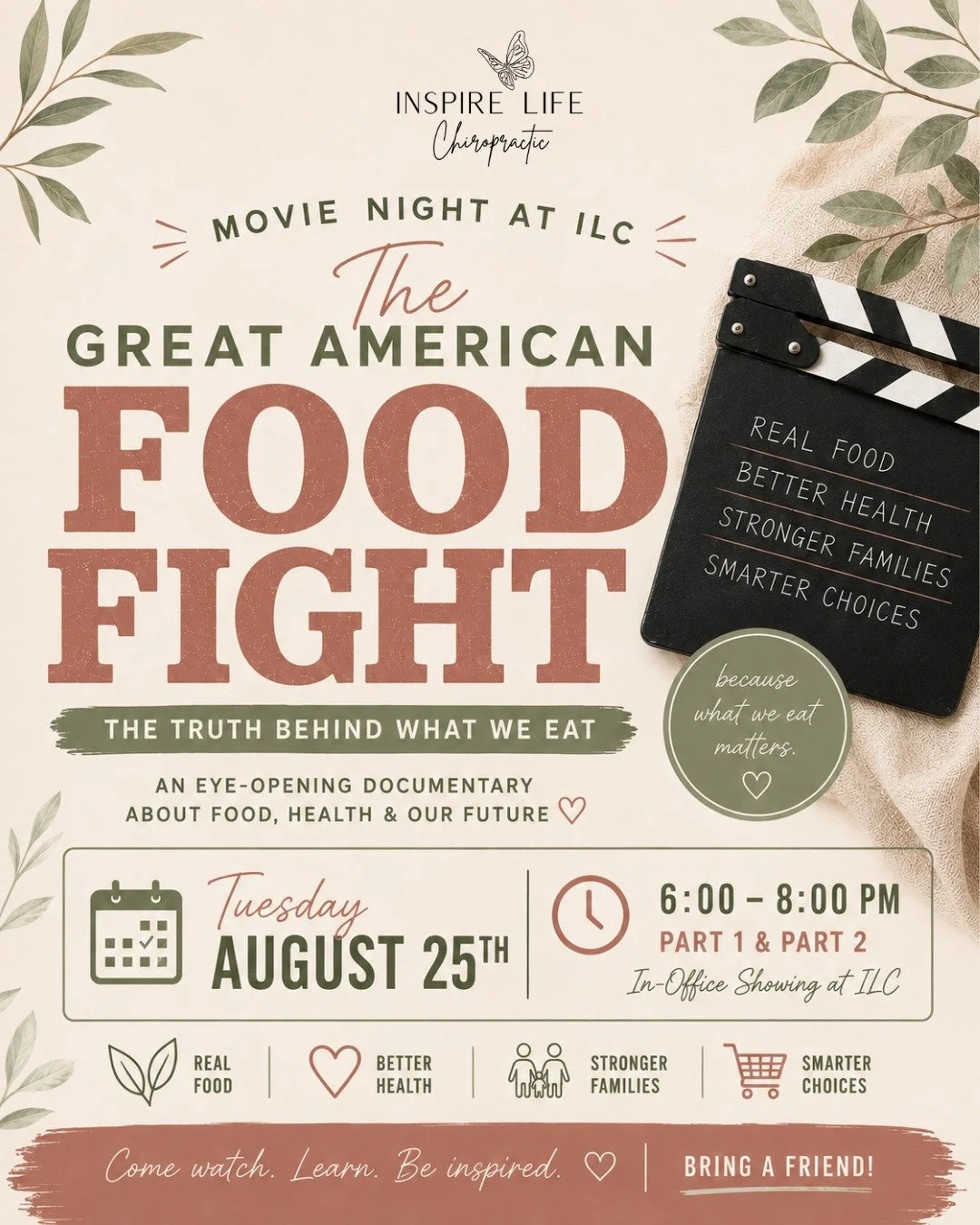 🍿 MOVIE NIGHT AT ILC! 🎬

We&rsquo;re bringing The Great American Food Fight to Inspire Life Chiropractic!

Join us Tuesday, August 25th for an in-office showing of Part 1 &amp; 2 of this eye-opening documentary all about the food we eat, the choice