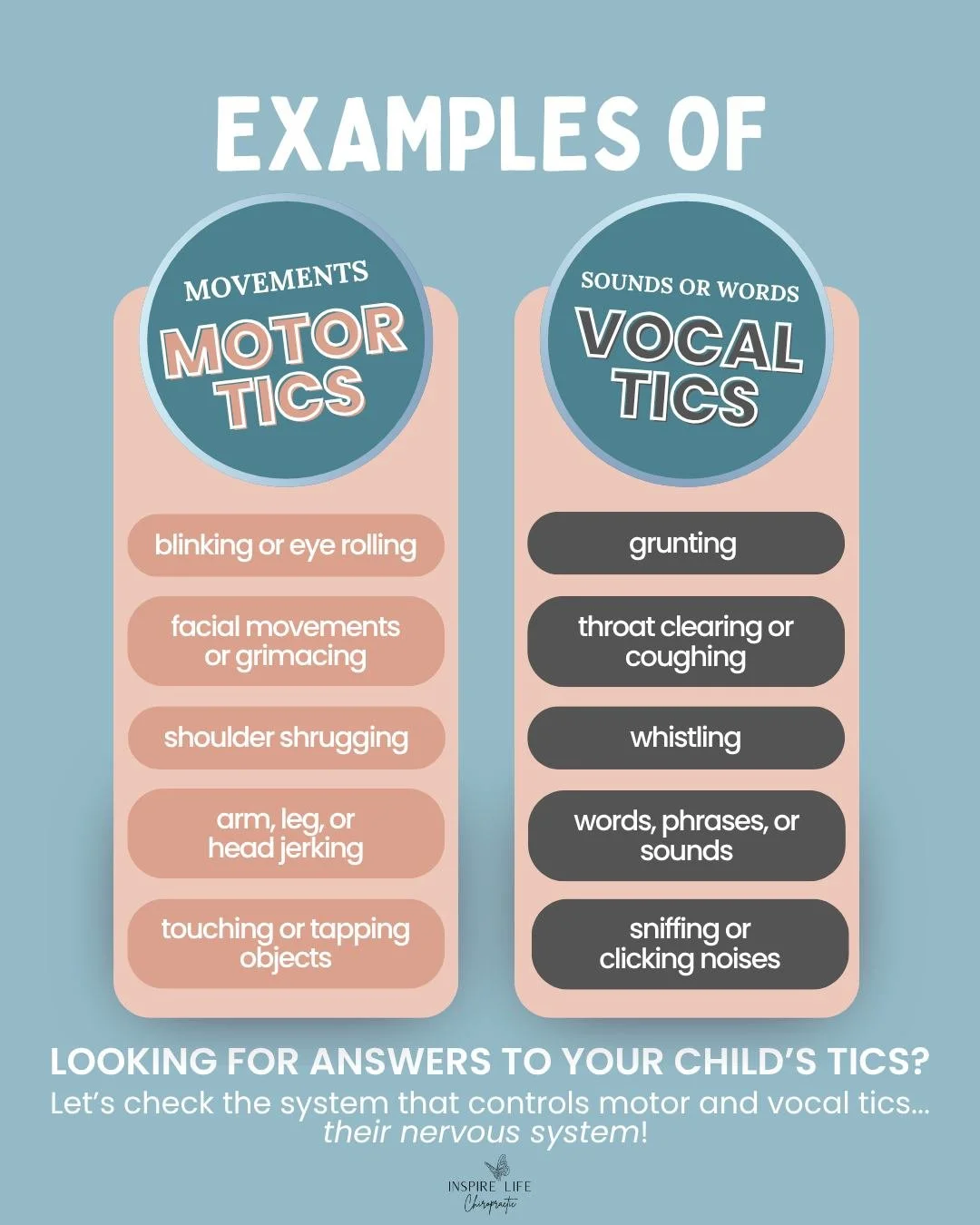 Does your child experience motor or vocal tics and you&rsquo;re wondering what could be going on underneath? 🧠

Blinking, eye rolling, facial movements, shoulder shrugging, throat clearing, sniffing, or repetitive sounds can all be examples of tics.