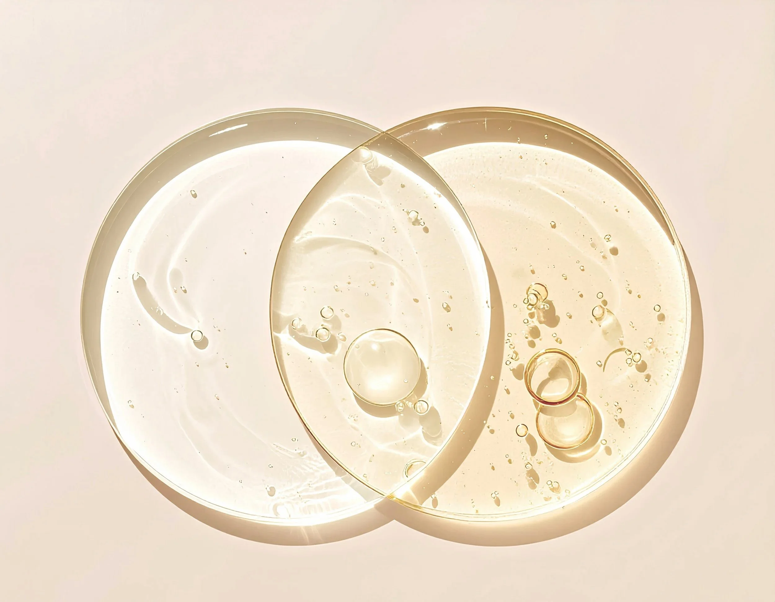 Drei Diagnoseglasflaschen mit Flüssigkeit und Bläschen, die nebeneinander auf einem weißen Hintergrund liegen.