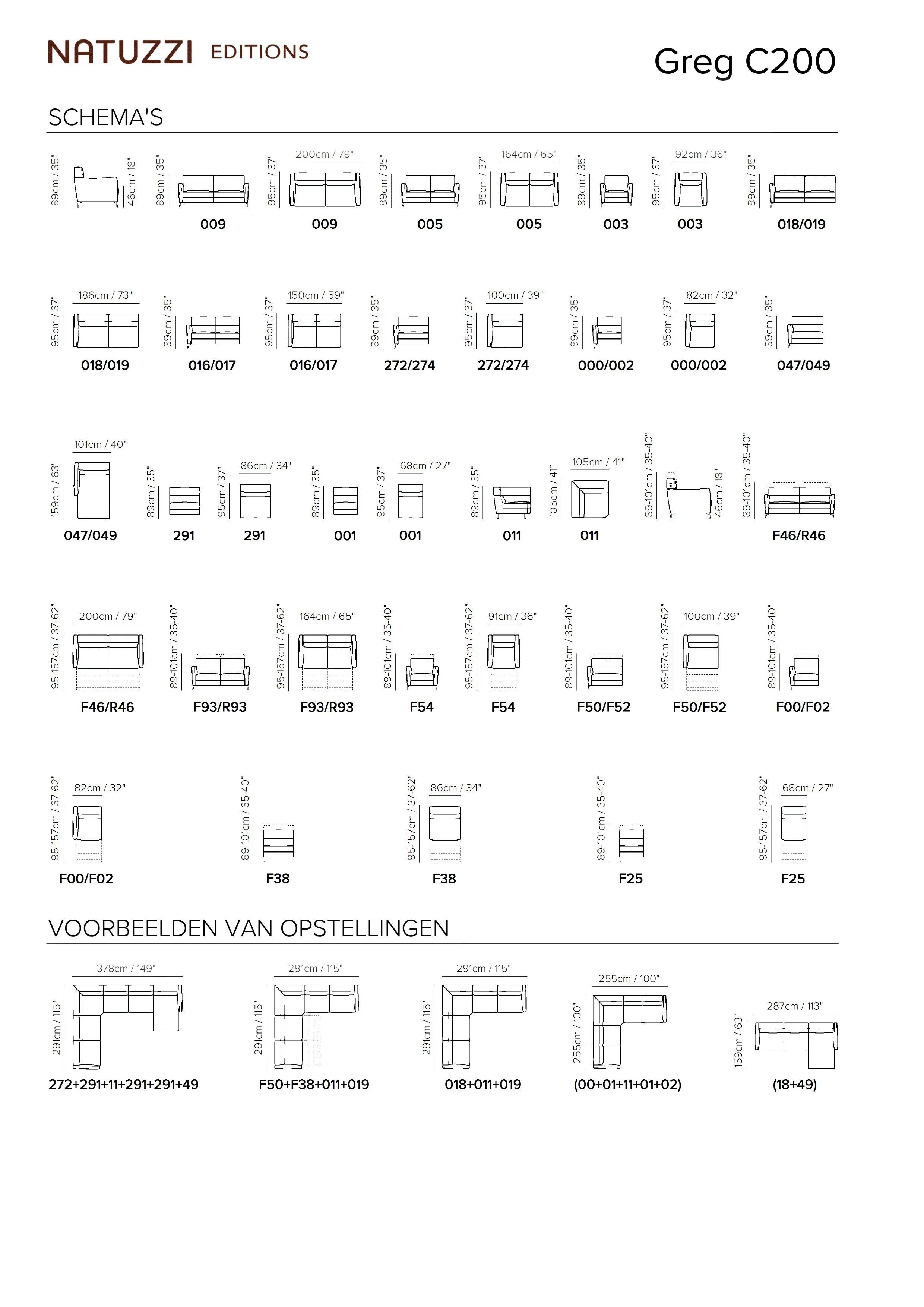 Schematische tekeningen en afmetingen van verschillende meubels, zoals banken en fauteuils, van het merk Natuzzi, onderverdeeld in verschillende modellen en configuraties.