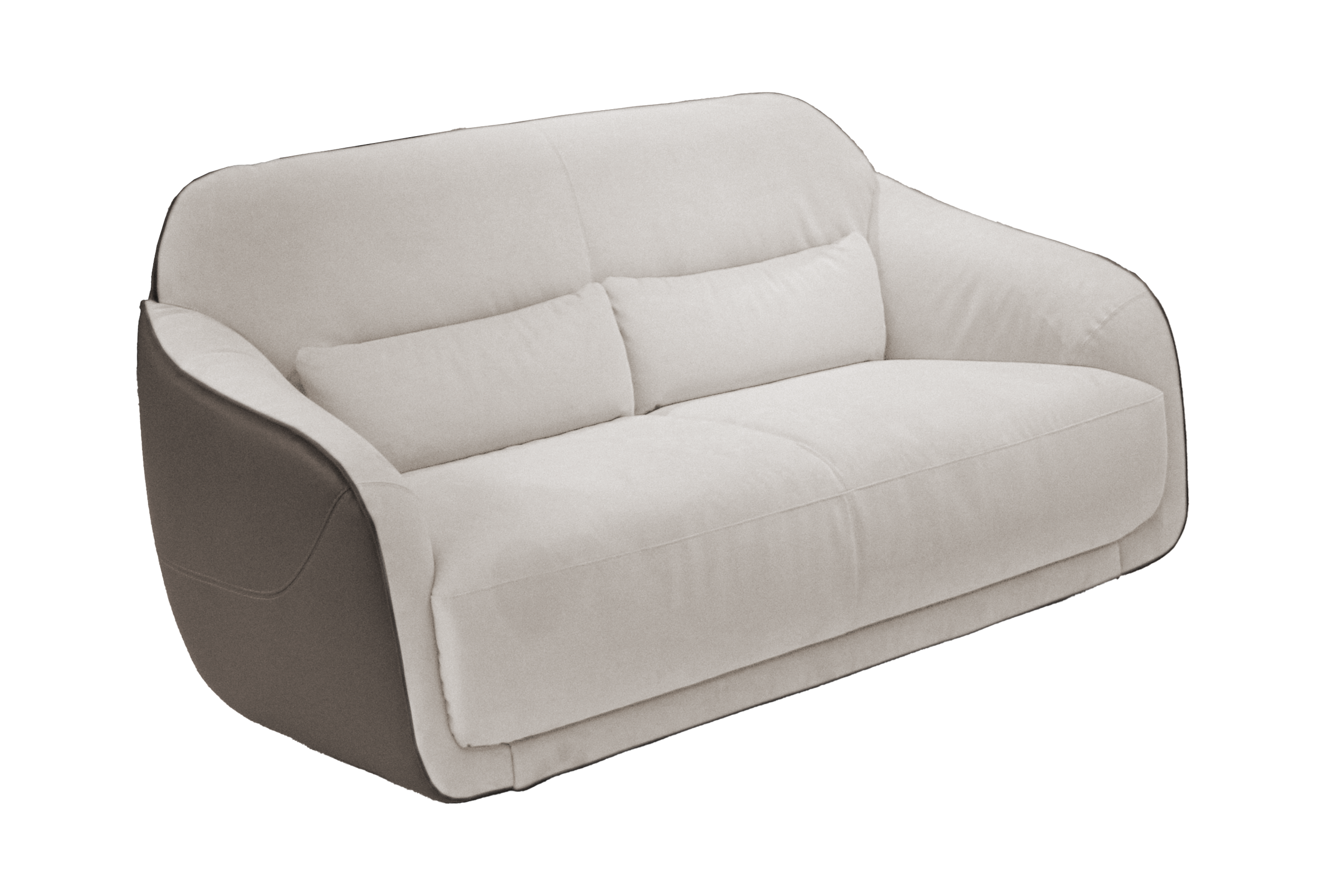 Witte sofa met kussens en donkere zijarmen.