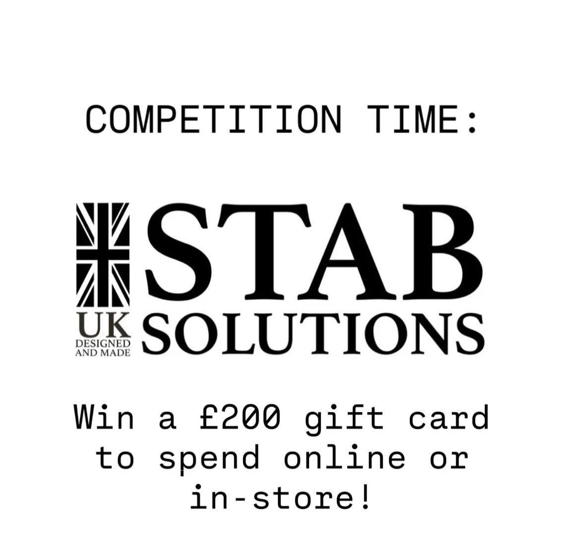 COMPETITION TIME:

Win a &pound;200 e-gift card to spend online or in-store! 

Send us your photos of Stab Solutions kit in use, with the winner being decided by public vote on the top 5 photos we get sent. 

Winner will be announced on 20th April. 
