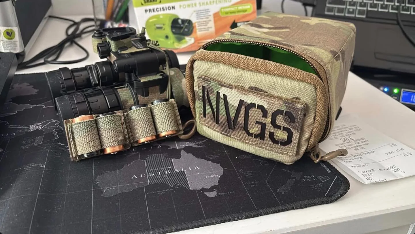 Custom NVGs patch and custom CR123 battery holders made by Stab Solutions. Contact us if interested for us to make yours. 

www.stabsolutions.com