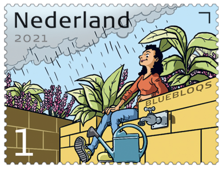 BlueBloqs systeem voor hergebruik regenwater op postzegel