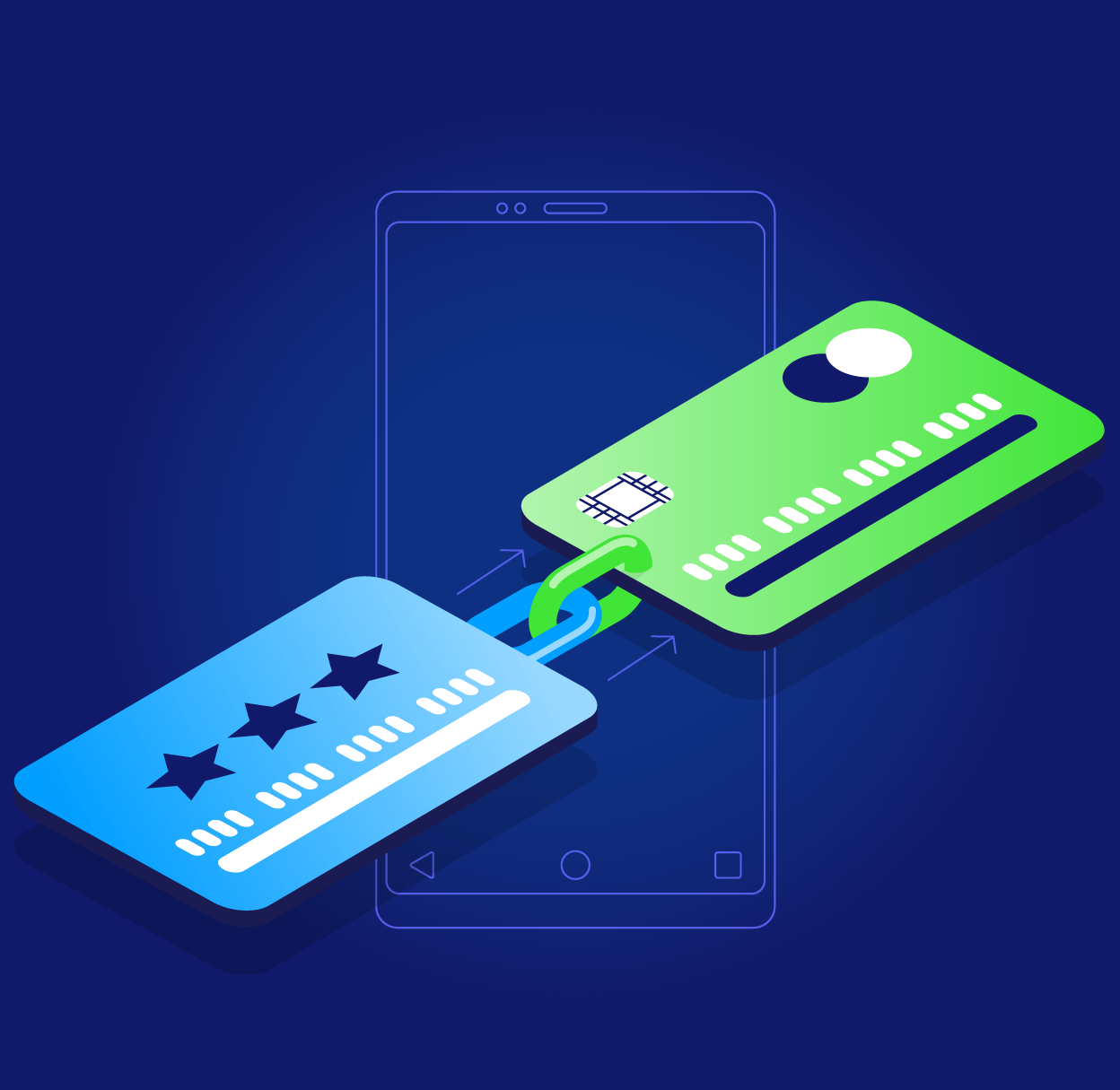 Digital illustration of two credit cards linked to a smartphone, representing online payment or mobile banking.