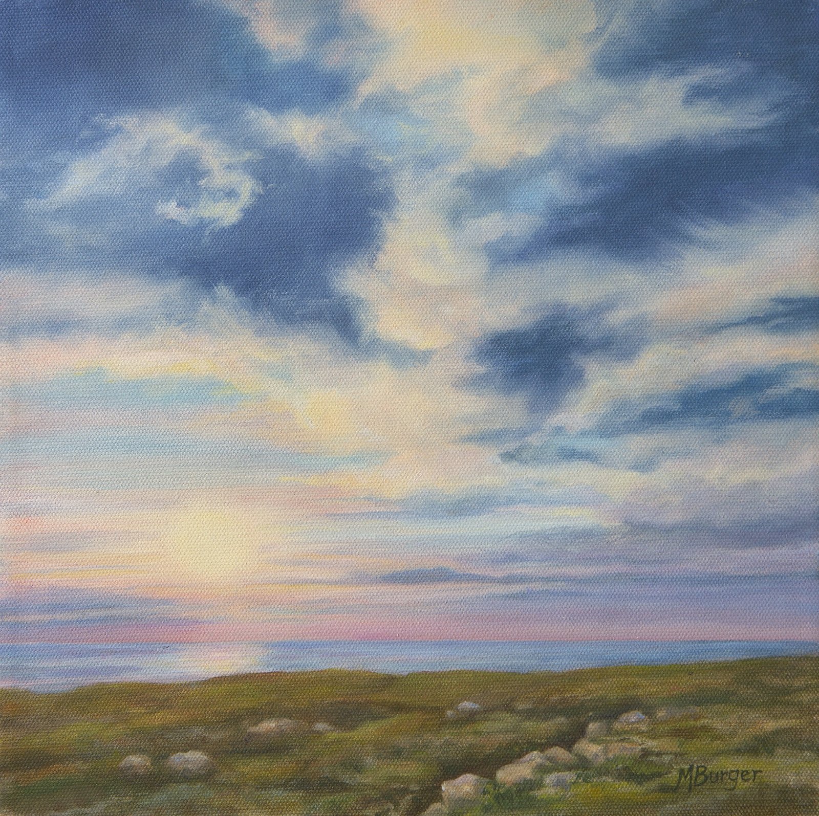 Sunset Over The Bay. 12" x 12" Oil painting on canvas. #2016