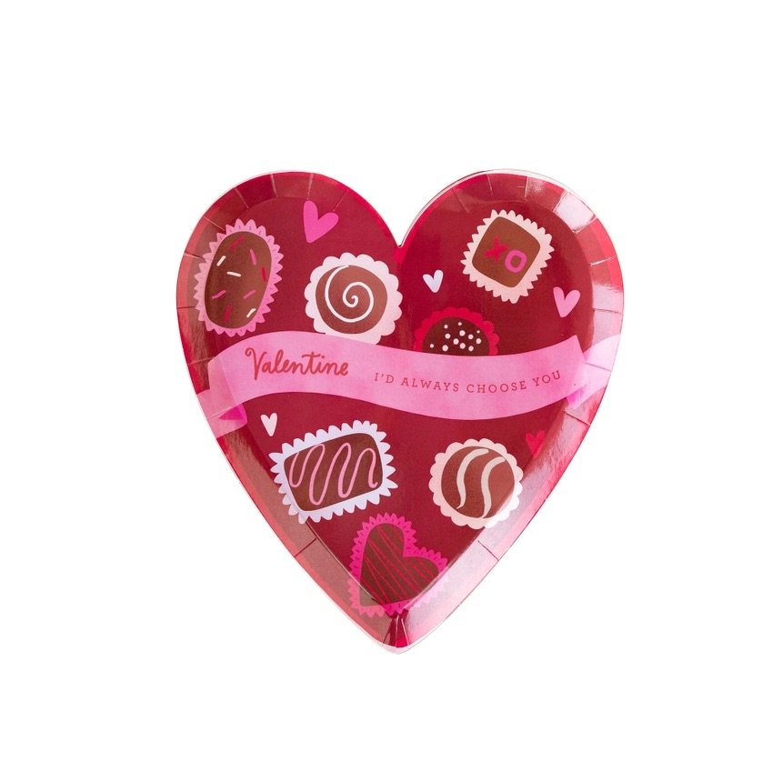 Box of Chocolates Heart Shaped Valentines Plates (Set of 8)  Moment and Co  Tablescapes — Moment & Company Tablescapes