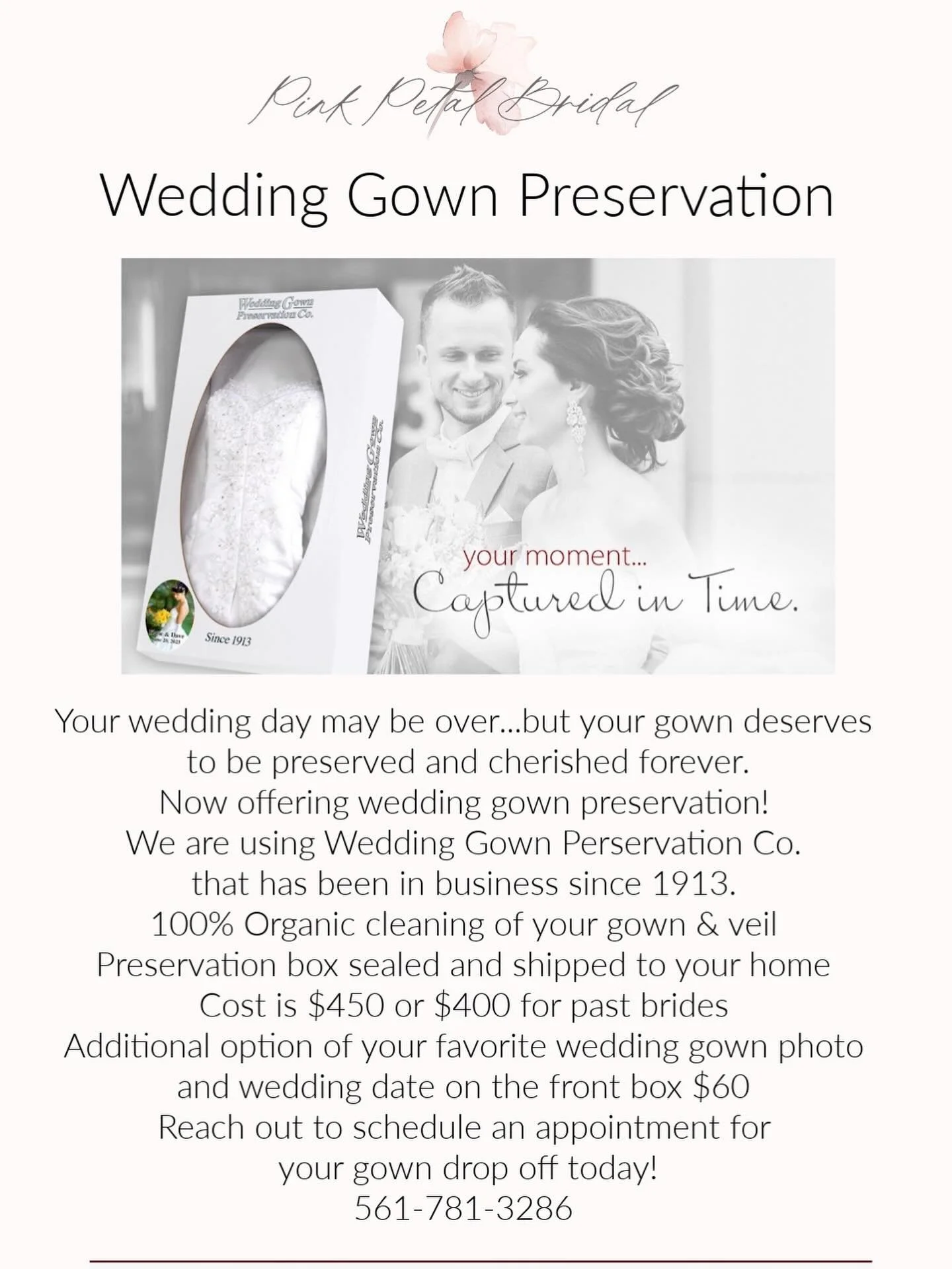 It&rsquo;s Here!! Bridal Gown Preservation!!
At Pink Petal Bridal we are now offering professional gown preservation so your dress stays as beautiful as the day you wore it💗
Preserving your gown protects it from yellowing, stains, and aging so it ca