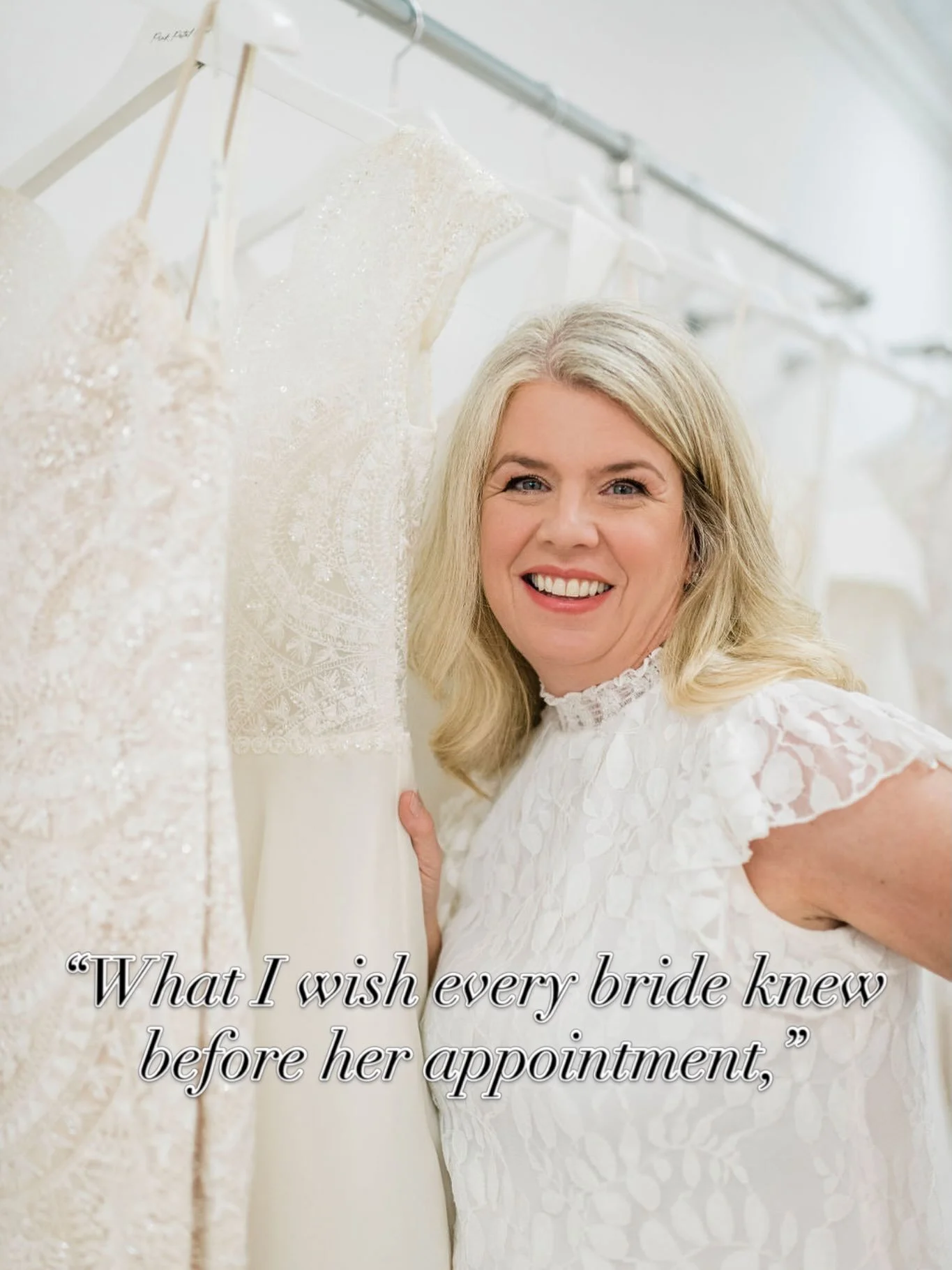 If you&rsquo;re nervous about your first bridal appointment, I want you to hear this:
You don&rsquo;t have to know what you want yet in your dress.
That&rsquo;s what I&rsquo;m here for. Your personal bridal stylist.
We&rsquo;ll talk about your weddin