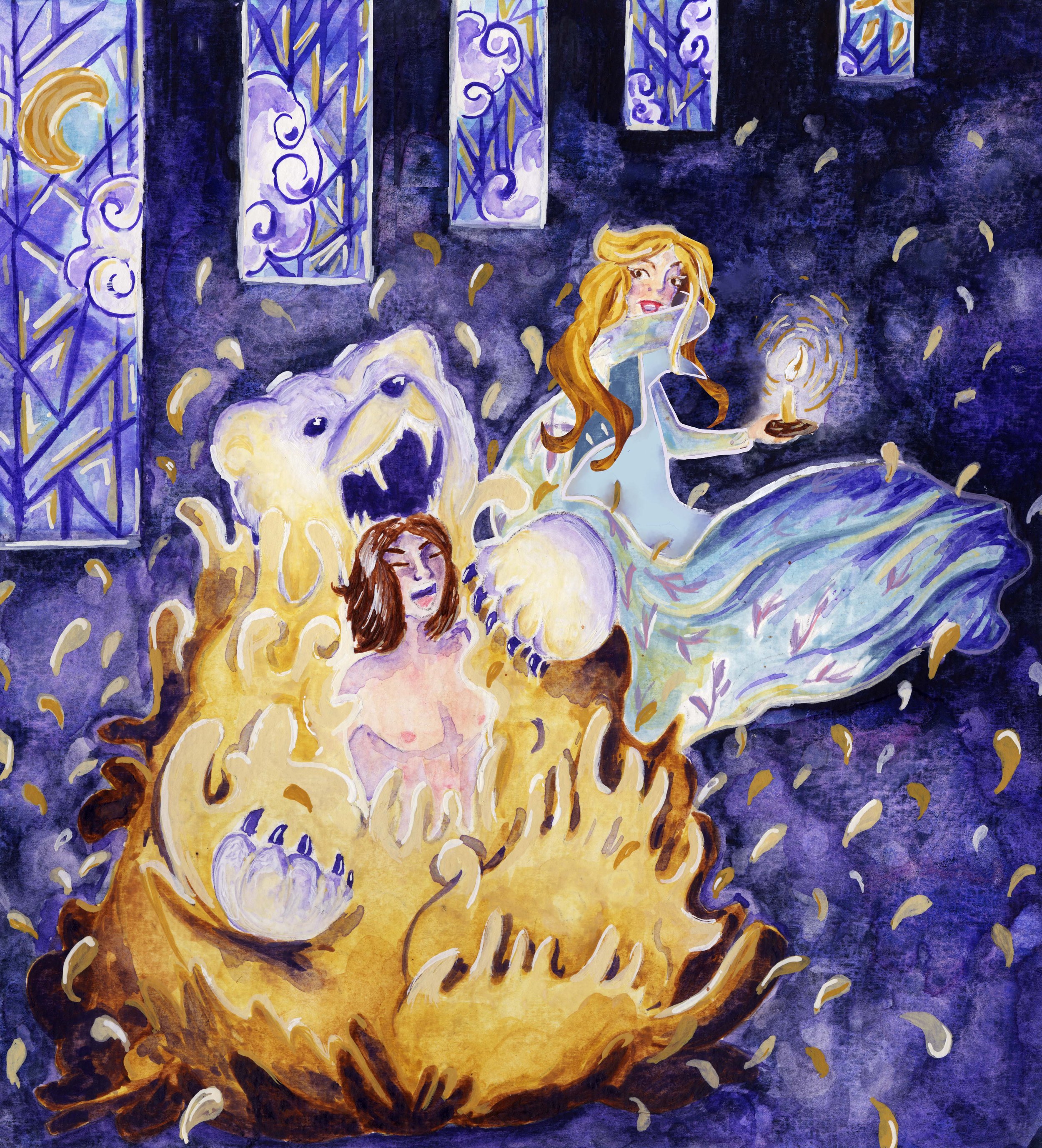 East Of The Sun and West Of The Moon, 9in x 10in, Watercolor & Gouache