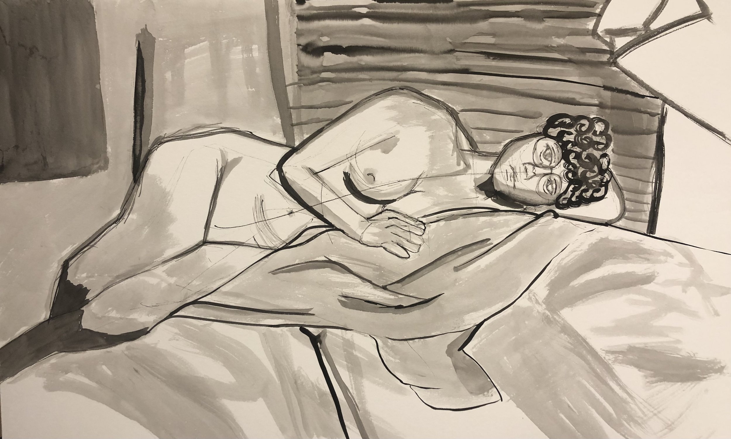 Lounge Relaxation, Ink Drawing, 2024, 32"x20"
