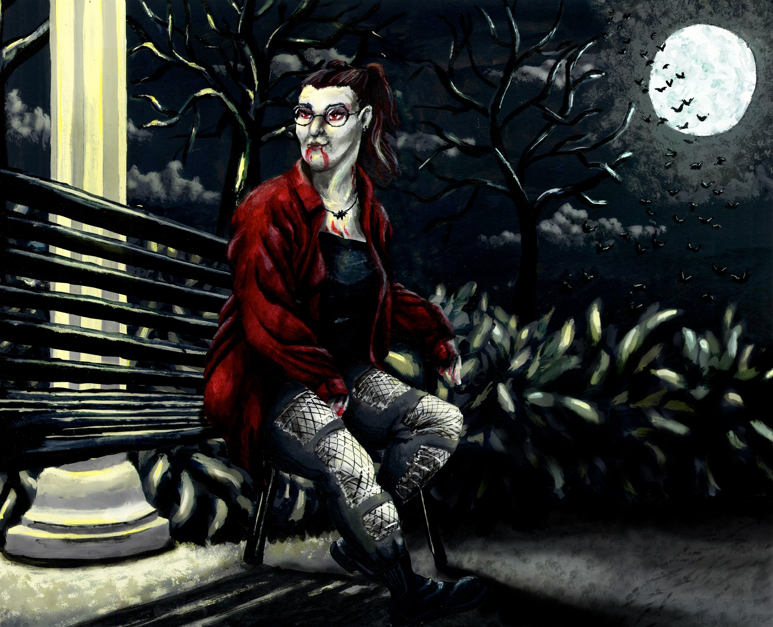 Vampire Self Portrait, Spring 2023, Acrylic Paint and Digital, 15"x12"