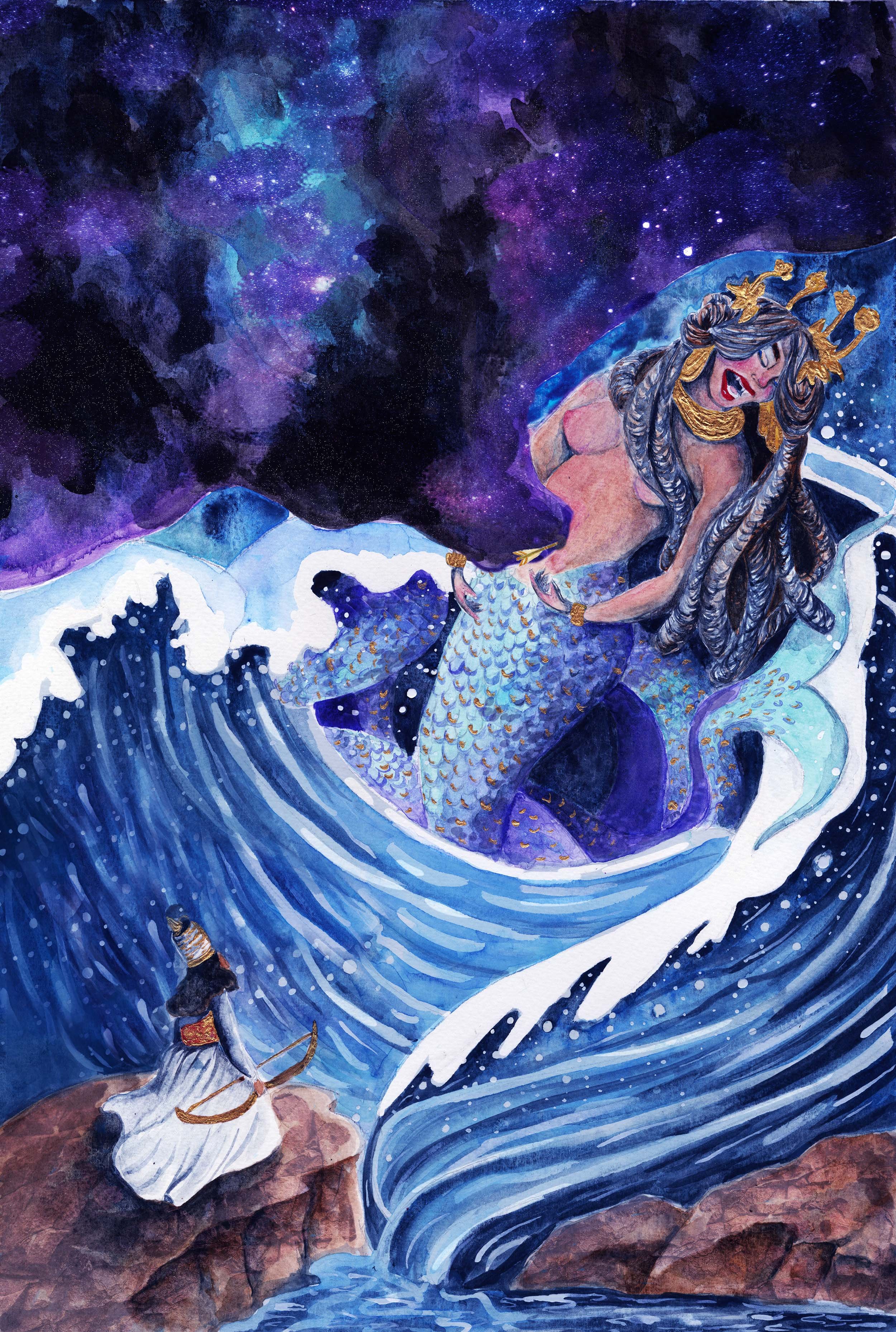 The Death of Tiamat, 11in x17in , Watercolor, 2021