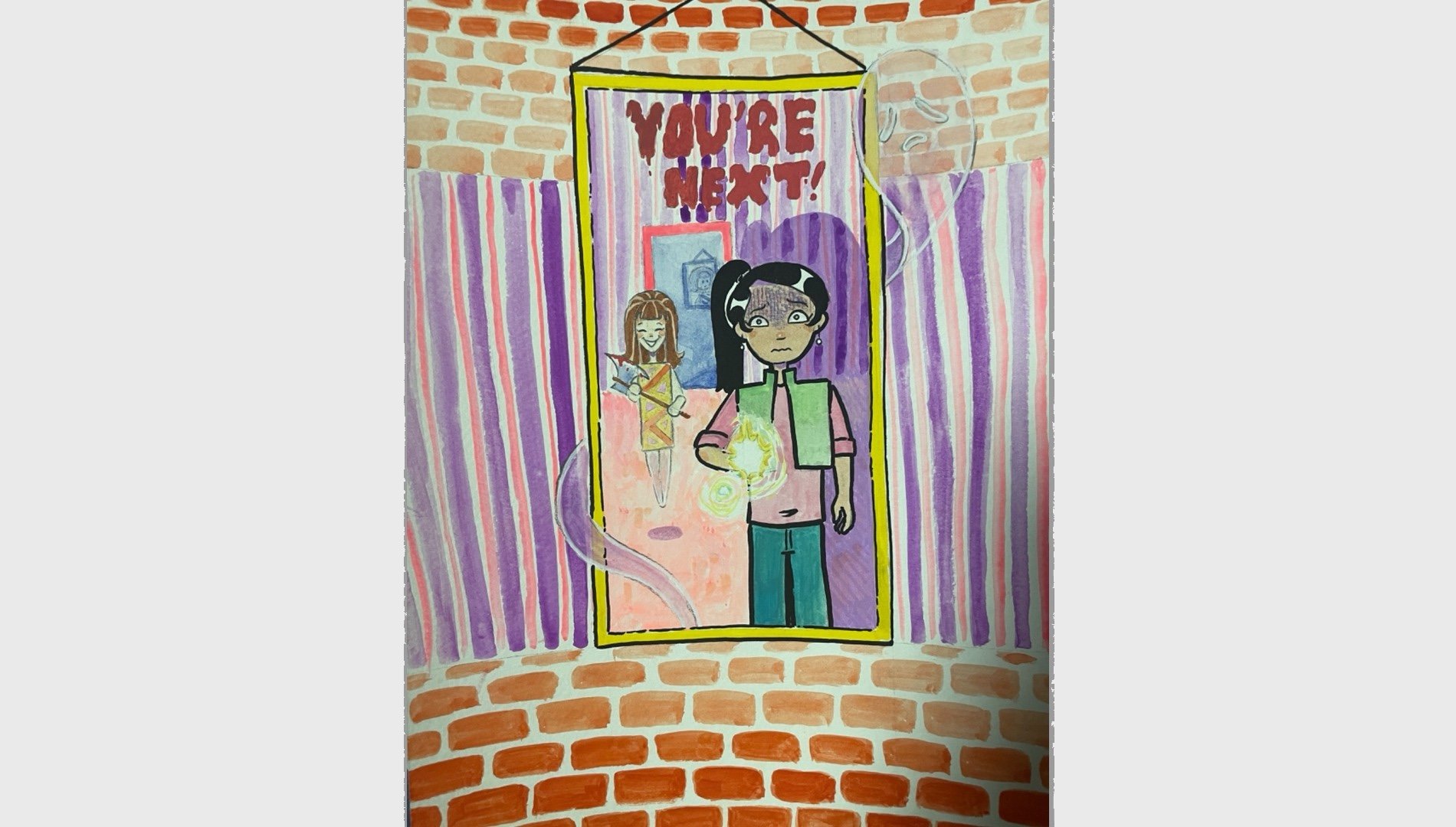You're next, Gouache + paint markers, 2025, 10in x 13in
