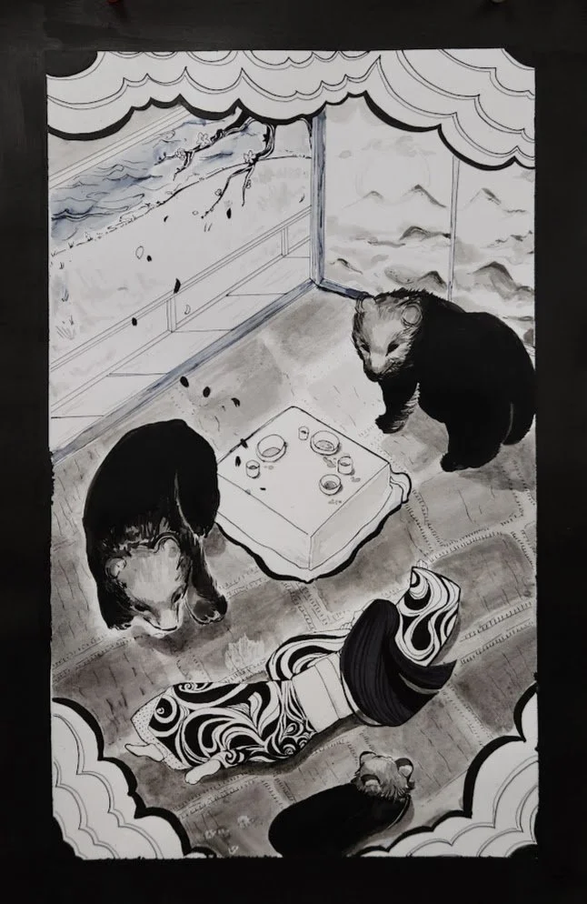 Ukiyo-e Goldilocks (2026) India Ink on bristol, 14 x 17 in.

