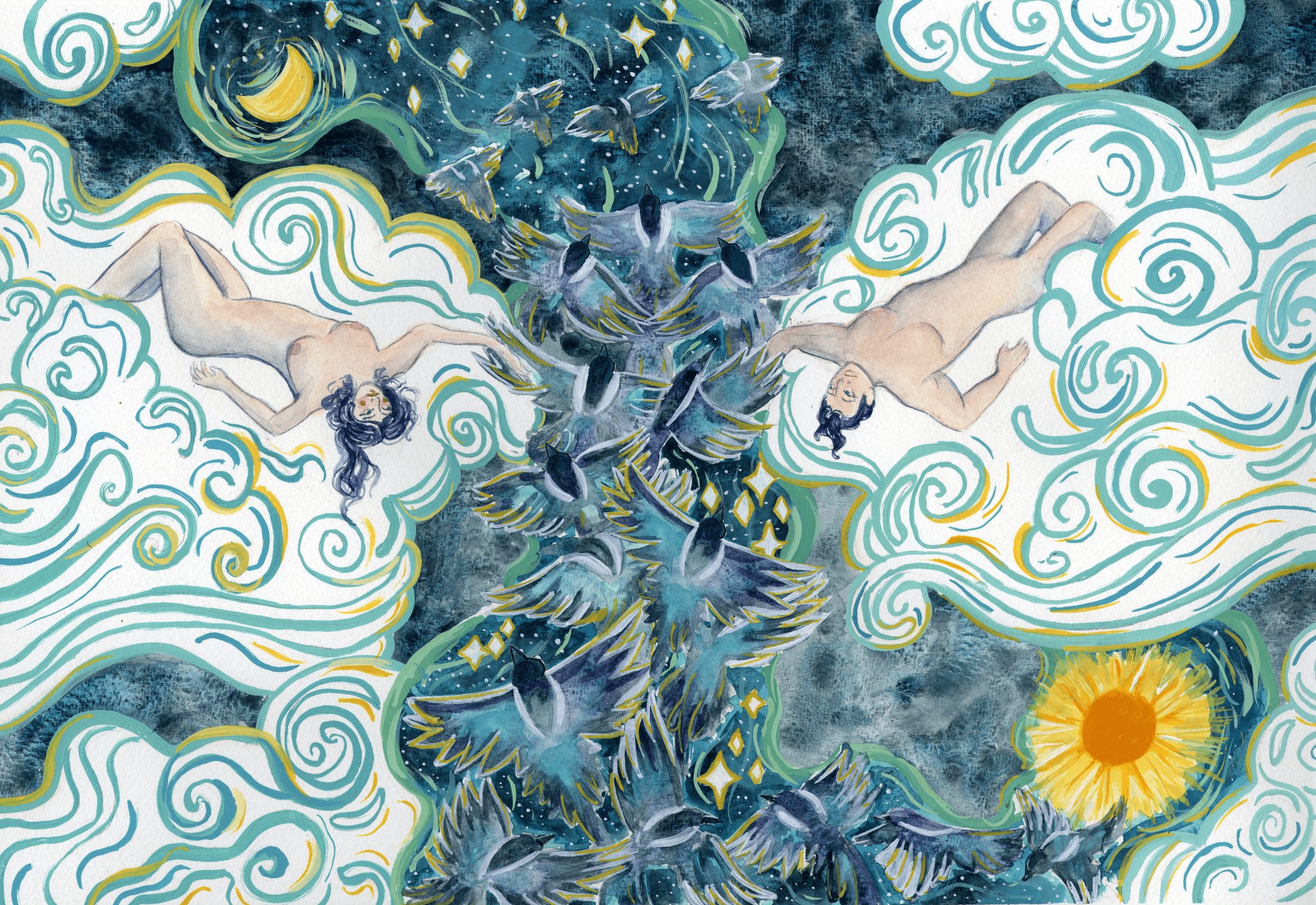 Magpies In the Stars, 12 in x 8 in Watercolor/Gouache, 2021