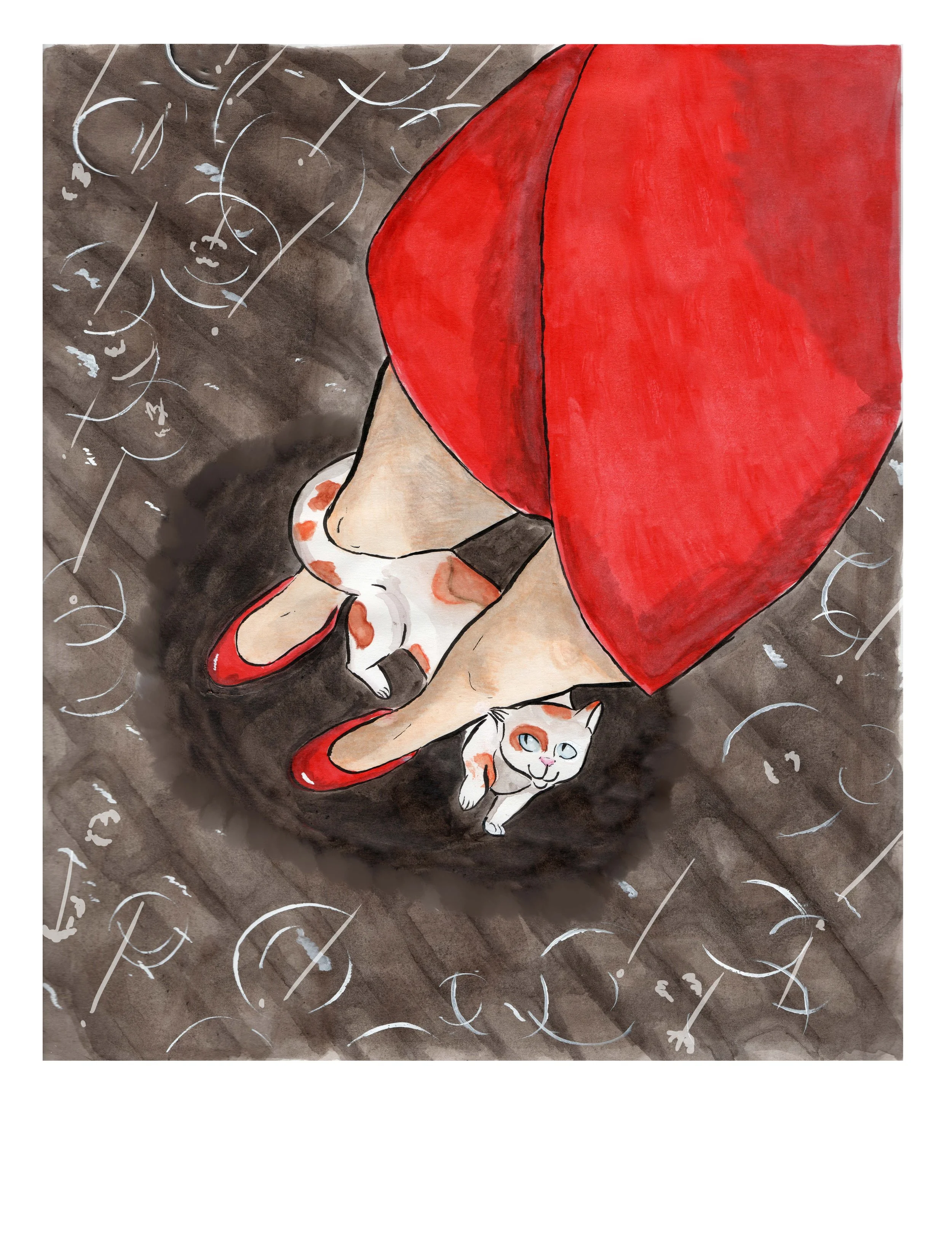 Cat in the Rain. Inkwash, Digital. 12x8" 2023.
