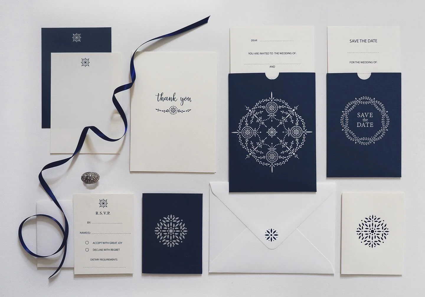 Garland in midnight blue

Printed by hand on an artisan press using luxury paper and a soft metallic foil all the items have a beautiful tactile feel. The pocket folder reveals a folded wedding invitation that contains an RSVP &amp; information card 