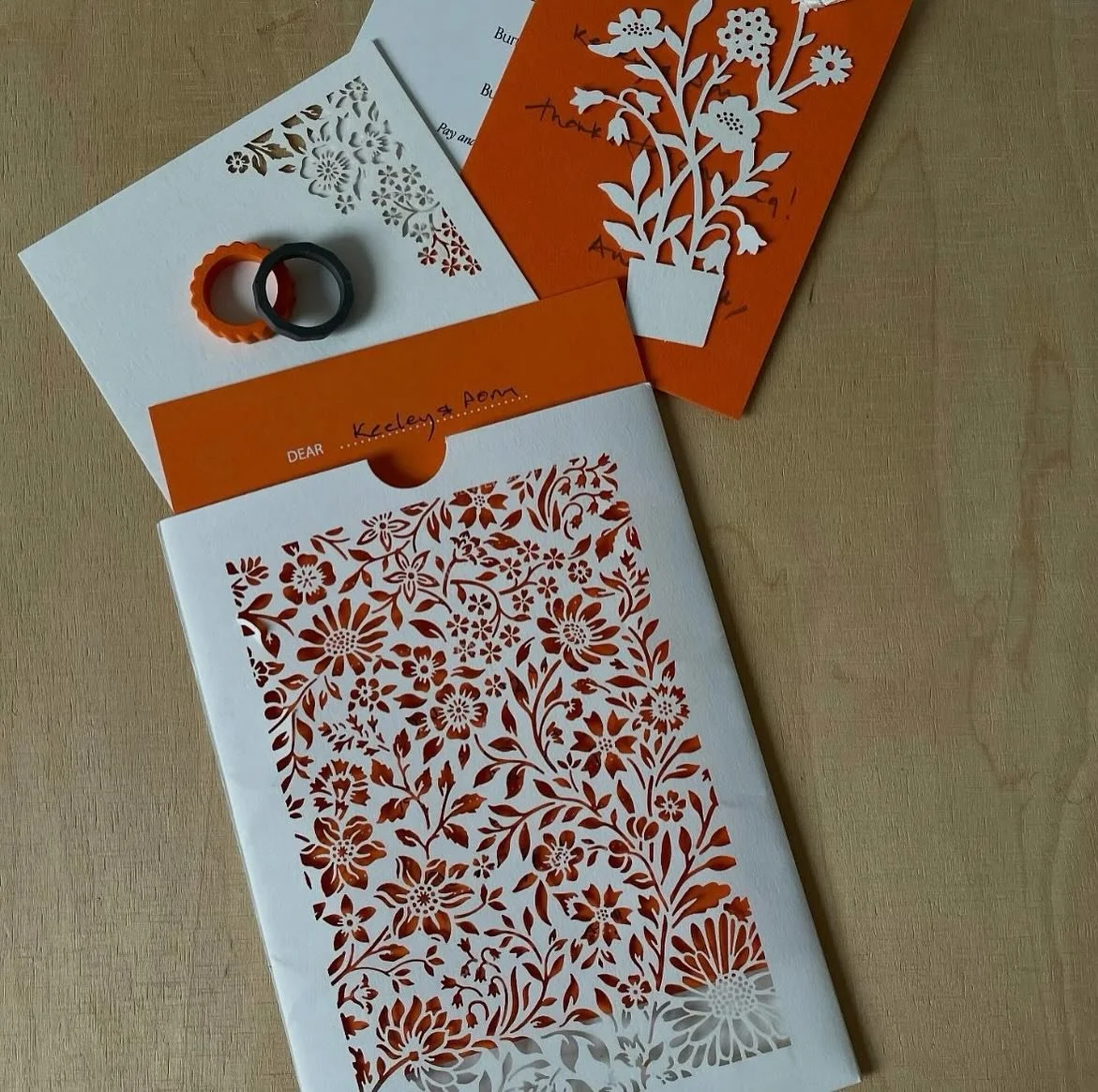 A very special commission for lovely @ange_hull and Bill. Big Congratulations to you both!! 🥂 

You both look fabulous! 
 
Angela and Bill chose Flora invitation set in mandarin and white. Laser cut invitations hot foil printed on my artisan press. 