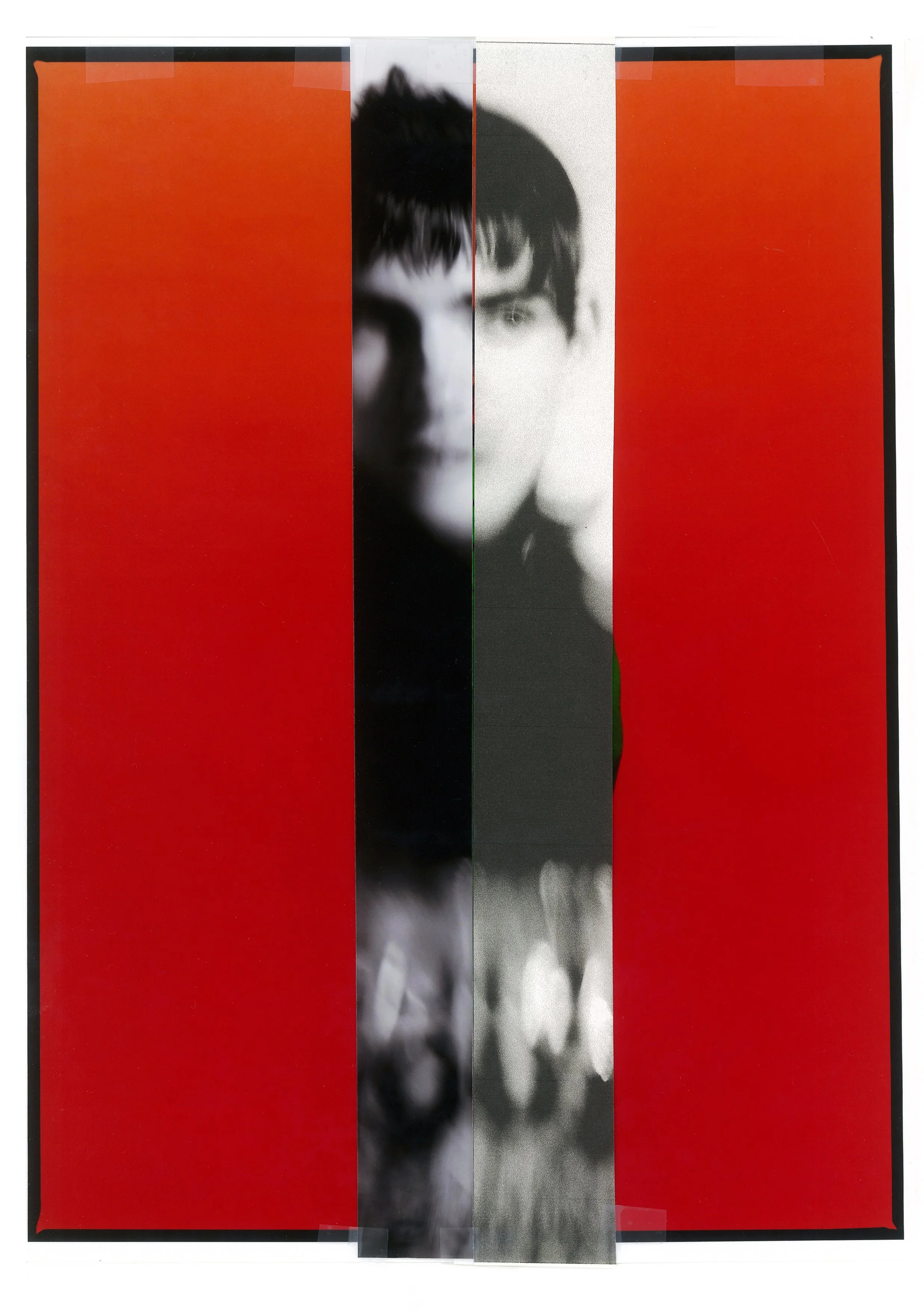 Abstract art with blurred black and white photograph and vibrant red background