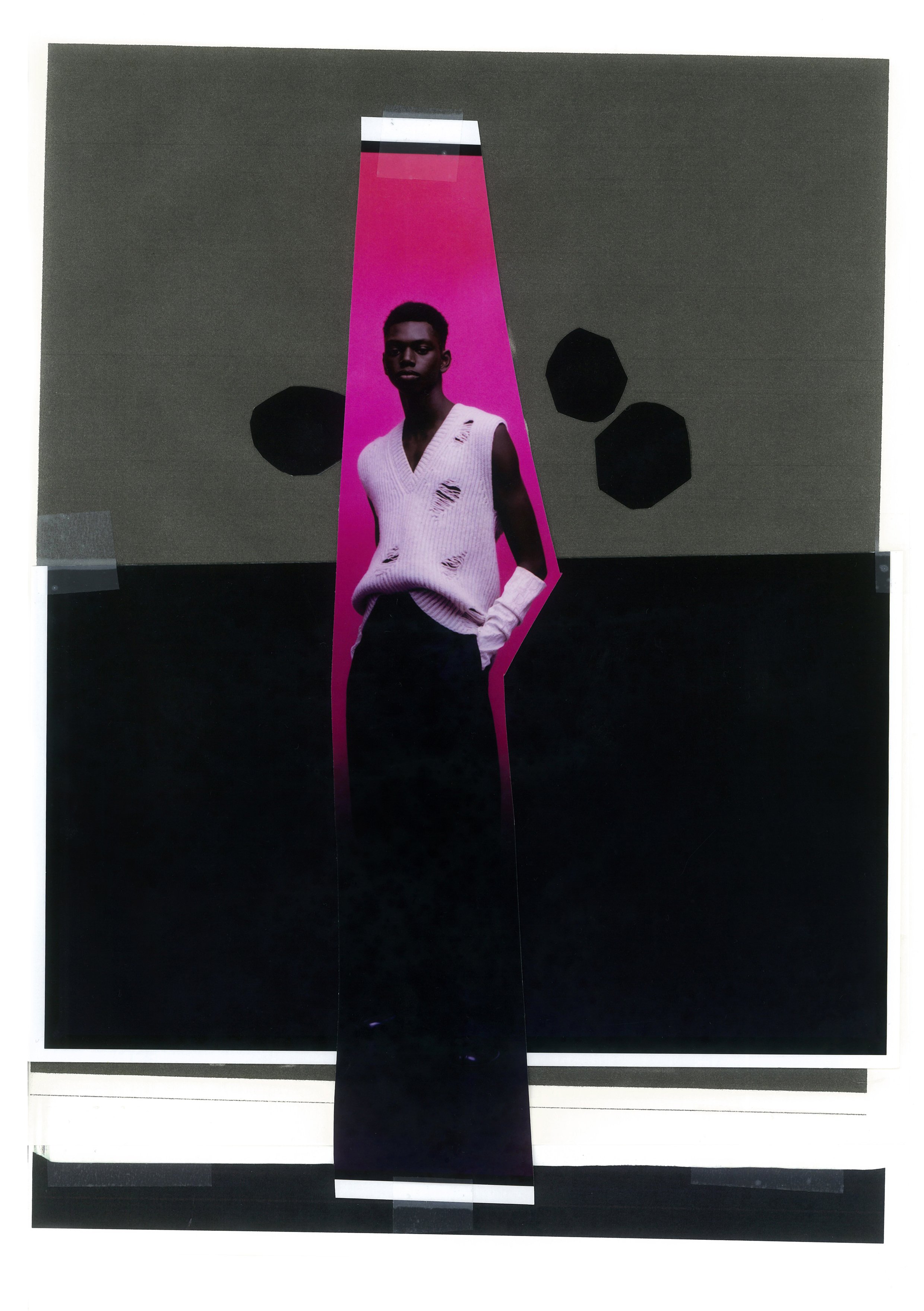 A man wearing a white sleeveless sweater with a distressed design stands against a pink background, surrounded by a collage of black and gray geometric shapes.