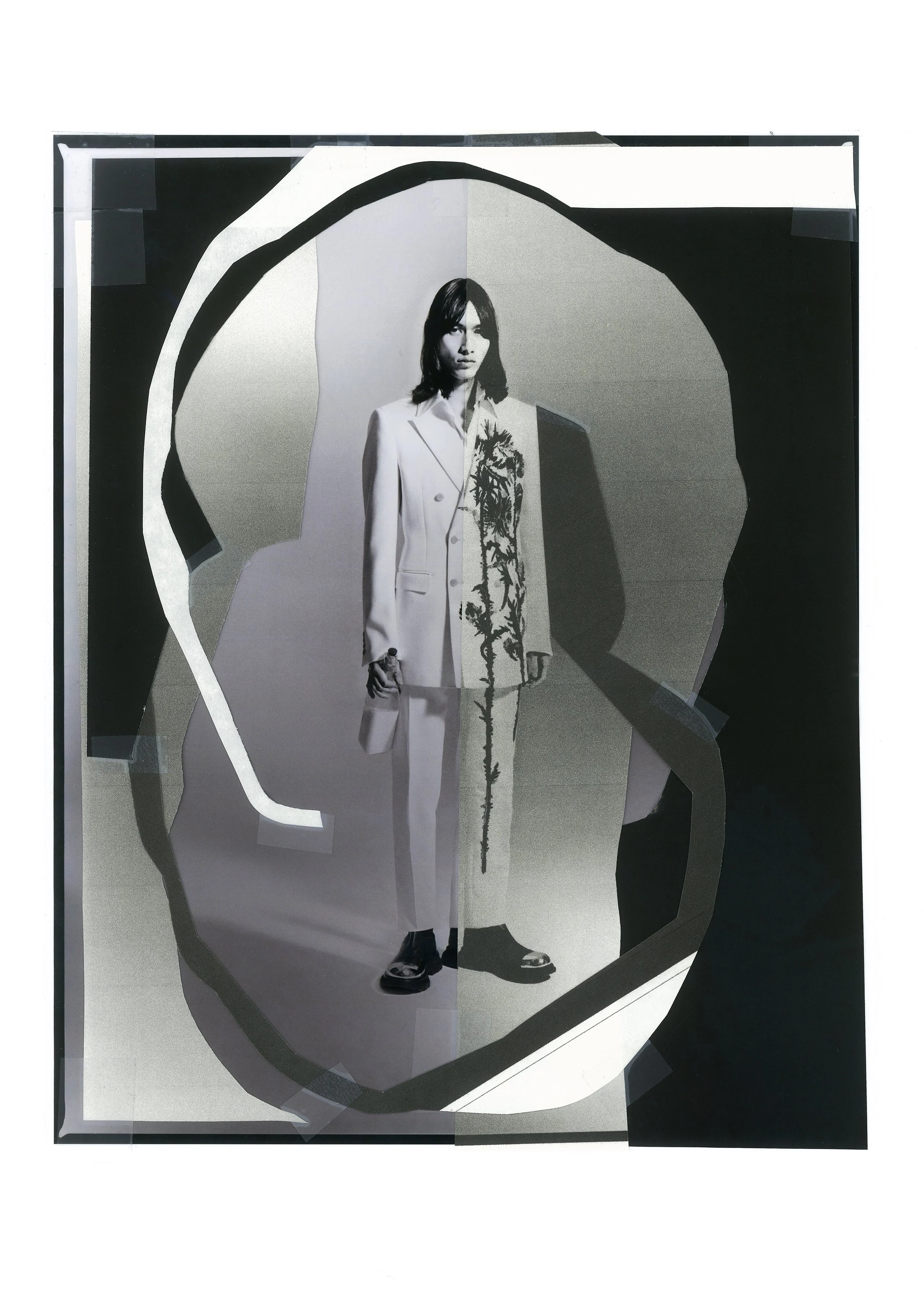 Artistic portrait of a person in a suit with floral embroidery, surrounded by a layered collage of paper and shadows.