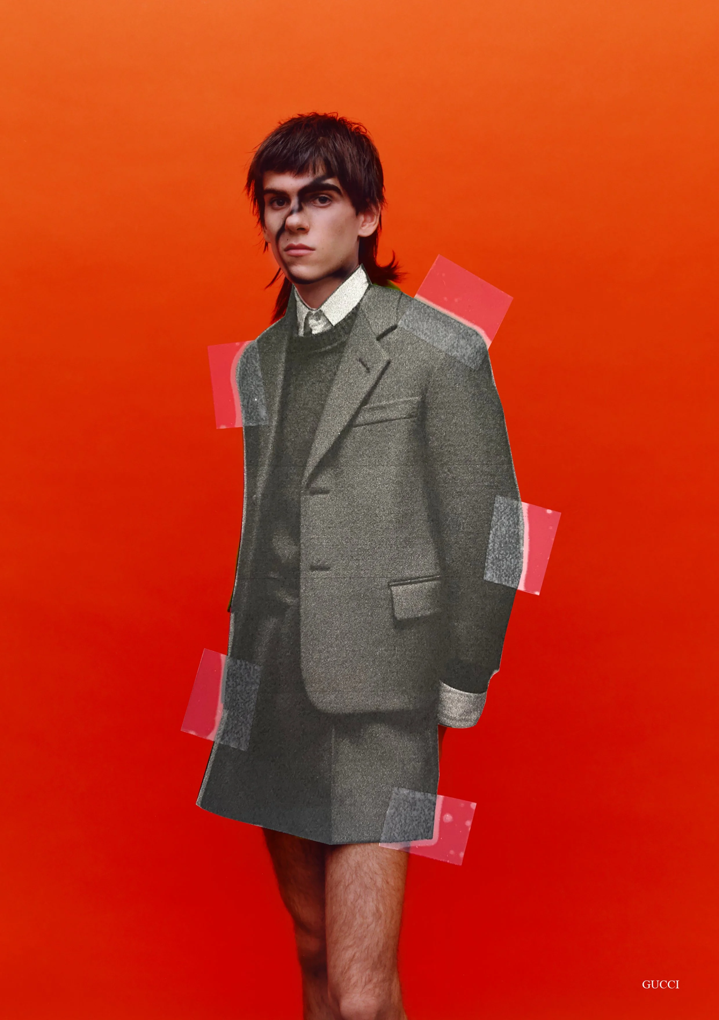 Collage of a person in a suit with their legs exposed against an orange background.