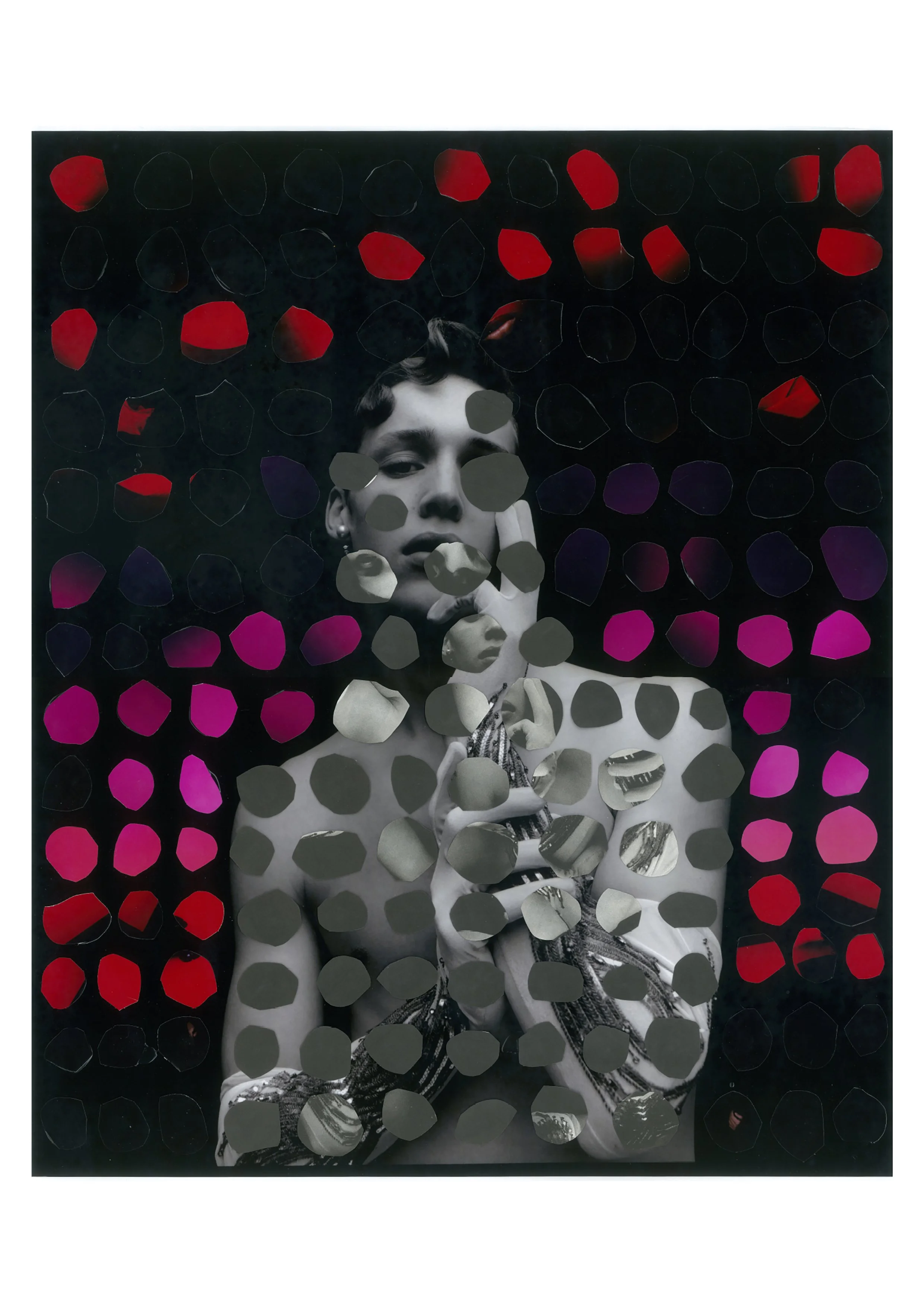 Abstract collage art with a black and white portrait partially covered by colorful dots. The background features red and pink hues.