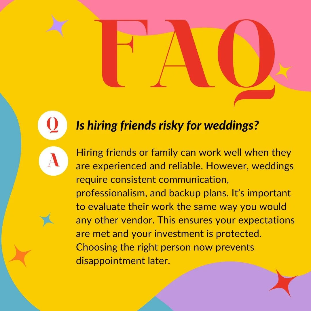 We love the heart behind hiring people you trust, just make sure professionalism and backup plans are part of the package, we can help you navigate this 😉 #aepfaq #weddingfaq