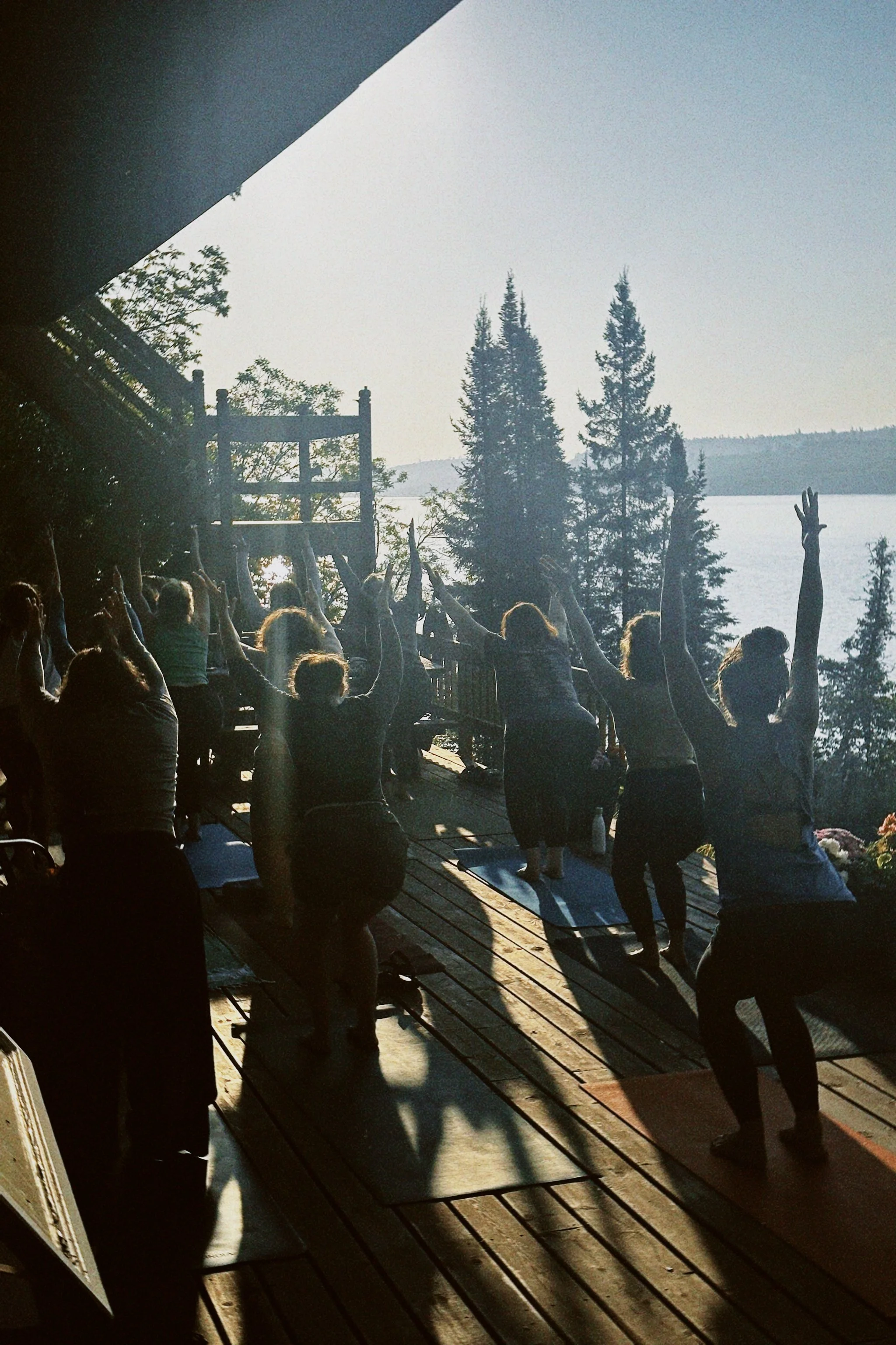 People participating in a yoga class outdoors on a wooden deck during sunrise or sunset, near a lake and surrounded by trees.