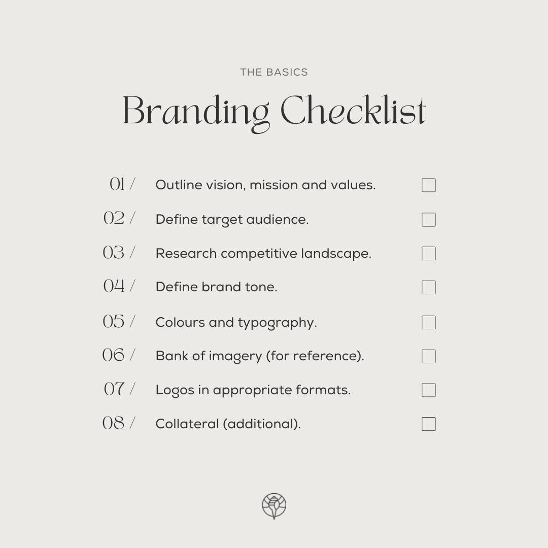 Branding checklist.

Your branding is what makes you memorable. The key to having a strong brand is cohesiveness - which applies to not only your visuals and tone, but also your brand's culture that you cultivate over time.

If you're just starting o